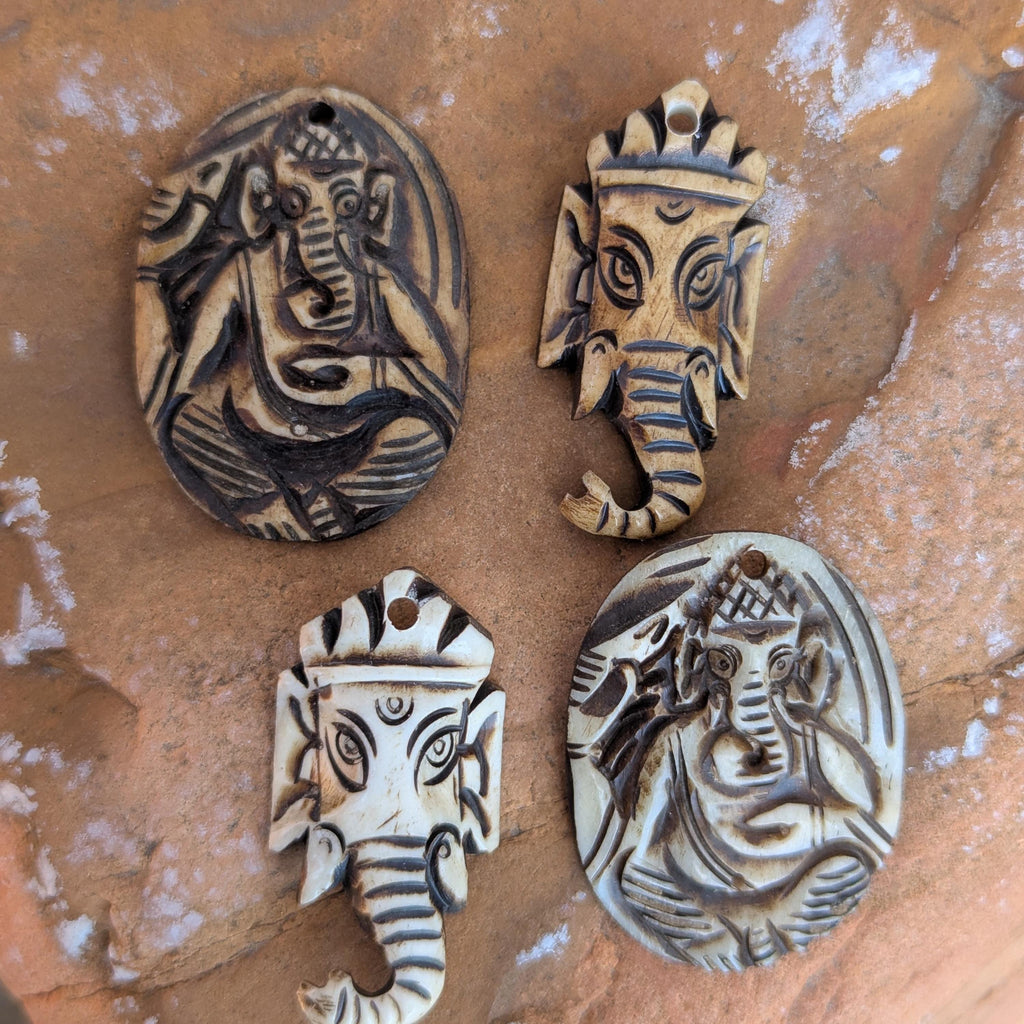Hand Carved Yak Bone Ganesh Pendant, Ethnic Sacred Art