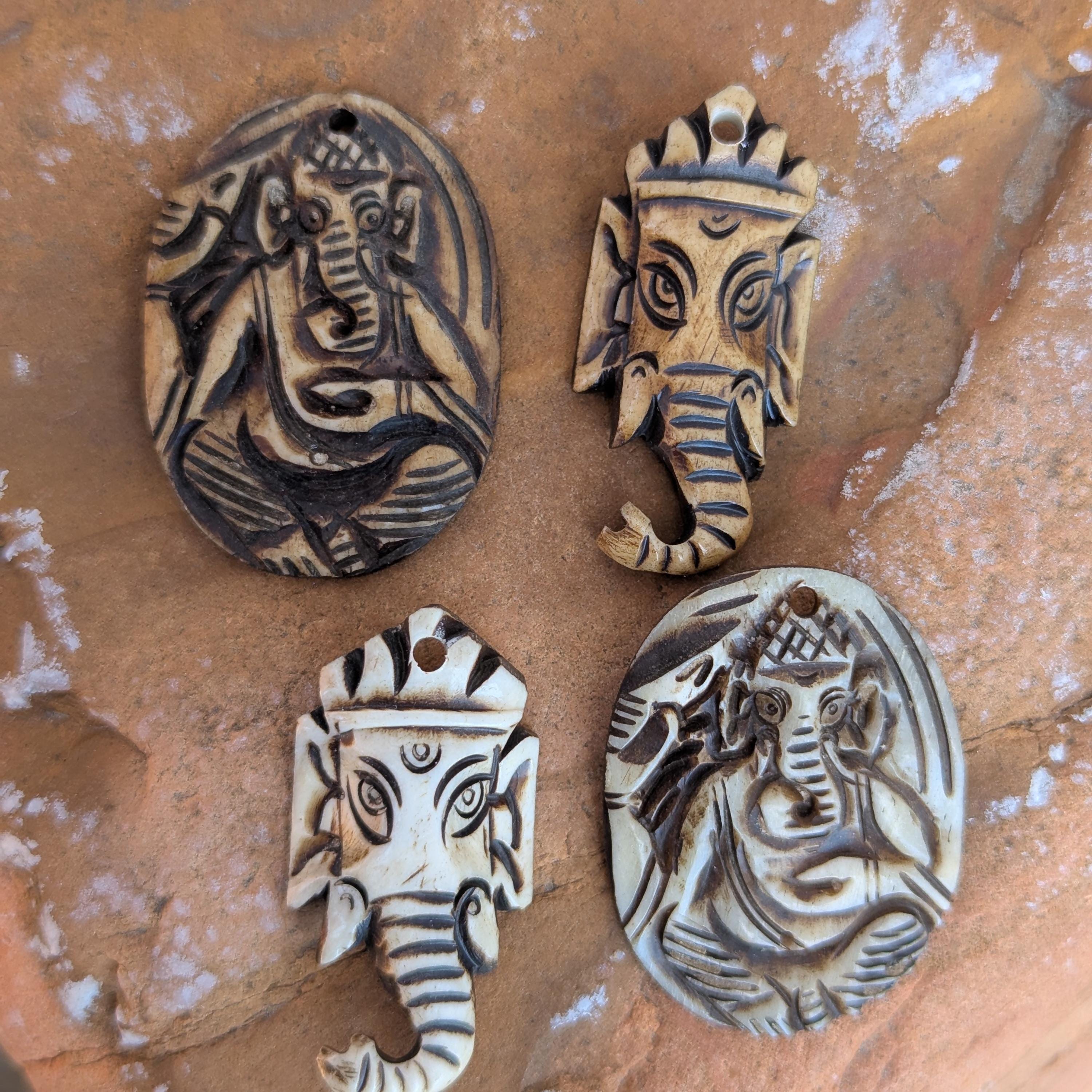 Hand Carved Yak Bone Ganesh Pendant, Ethnic Sacred Art