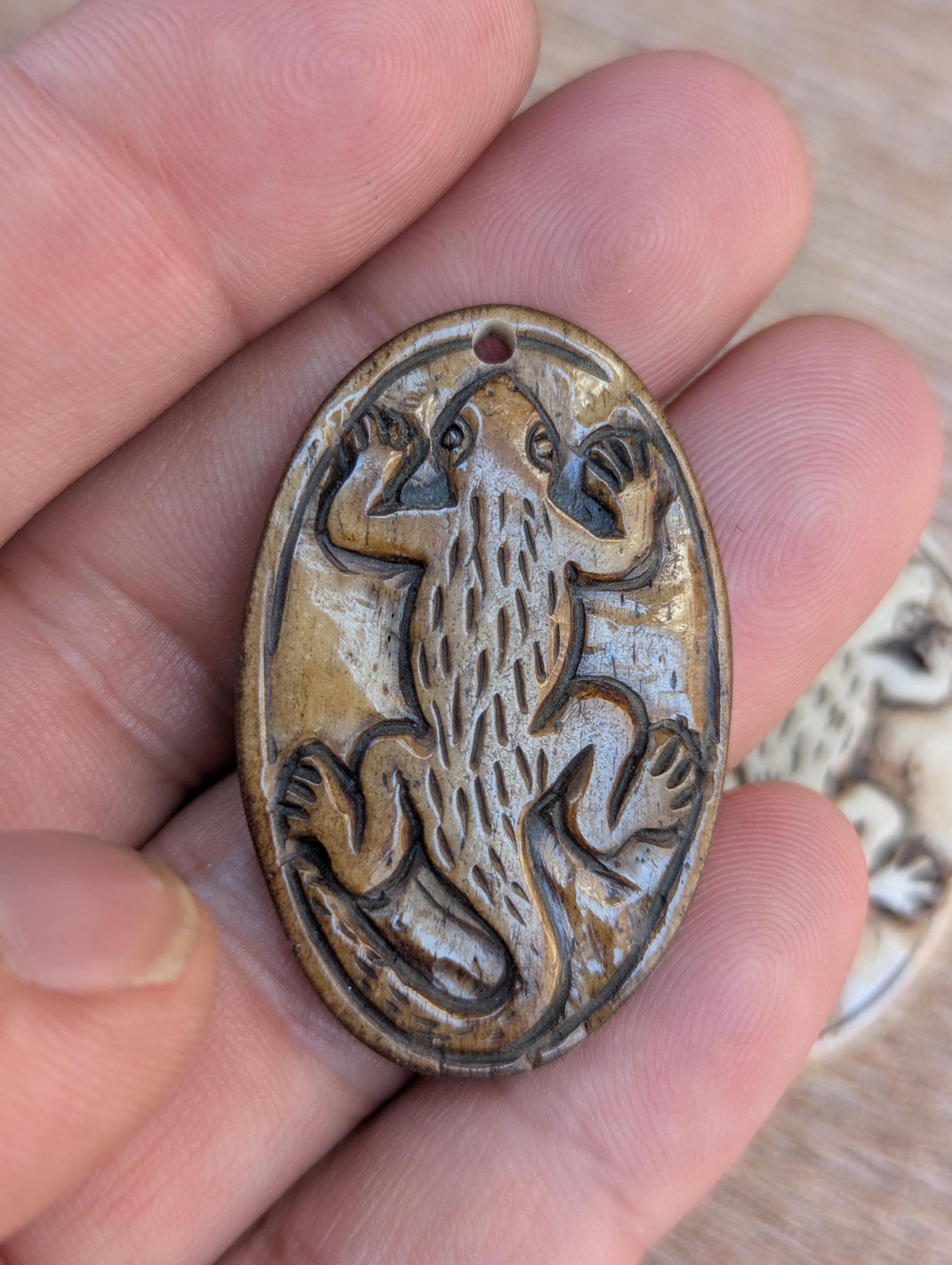 Hand-Carved Yak Bone Dragon/Lizard Amulet – Tibetan Tribal Jewelry
