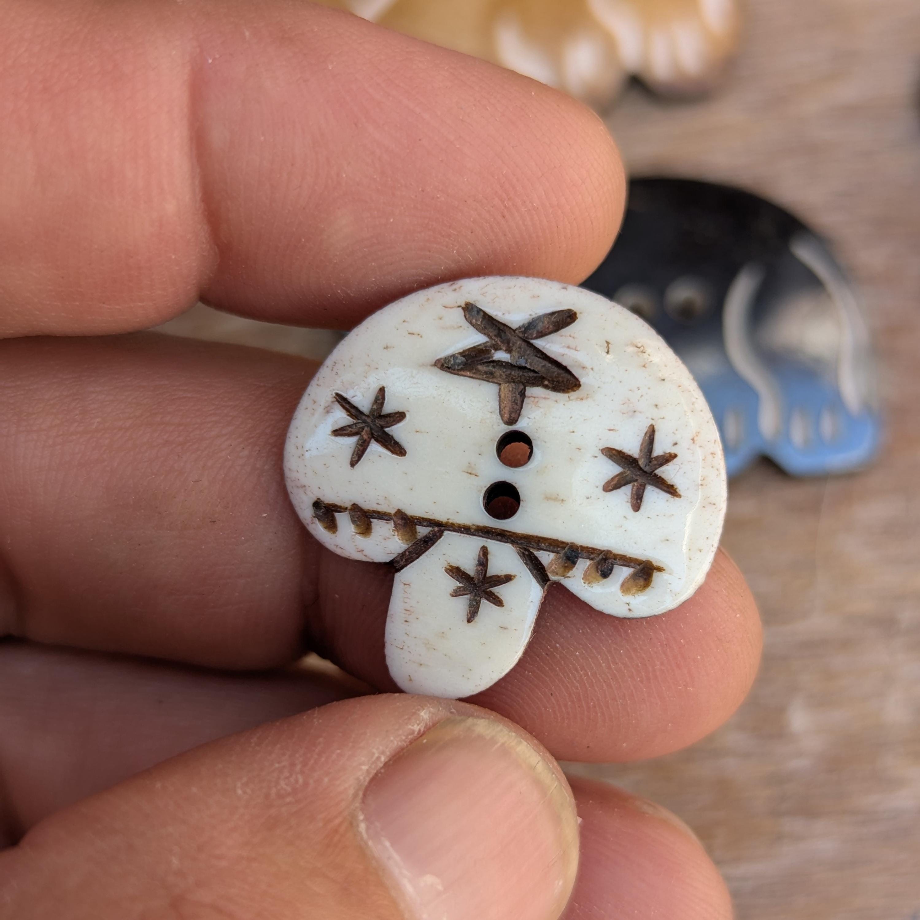 Handmade Buffalo Horn Buttons: Himalayan Artisan Cat & Mushroom Design