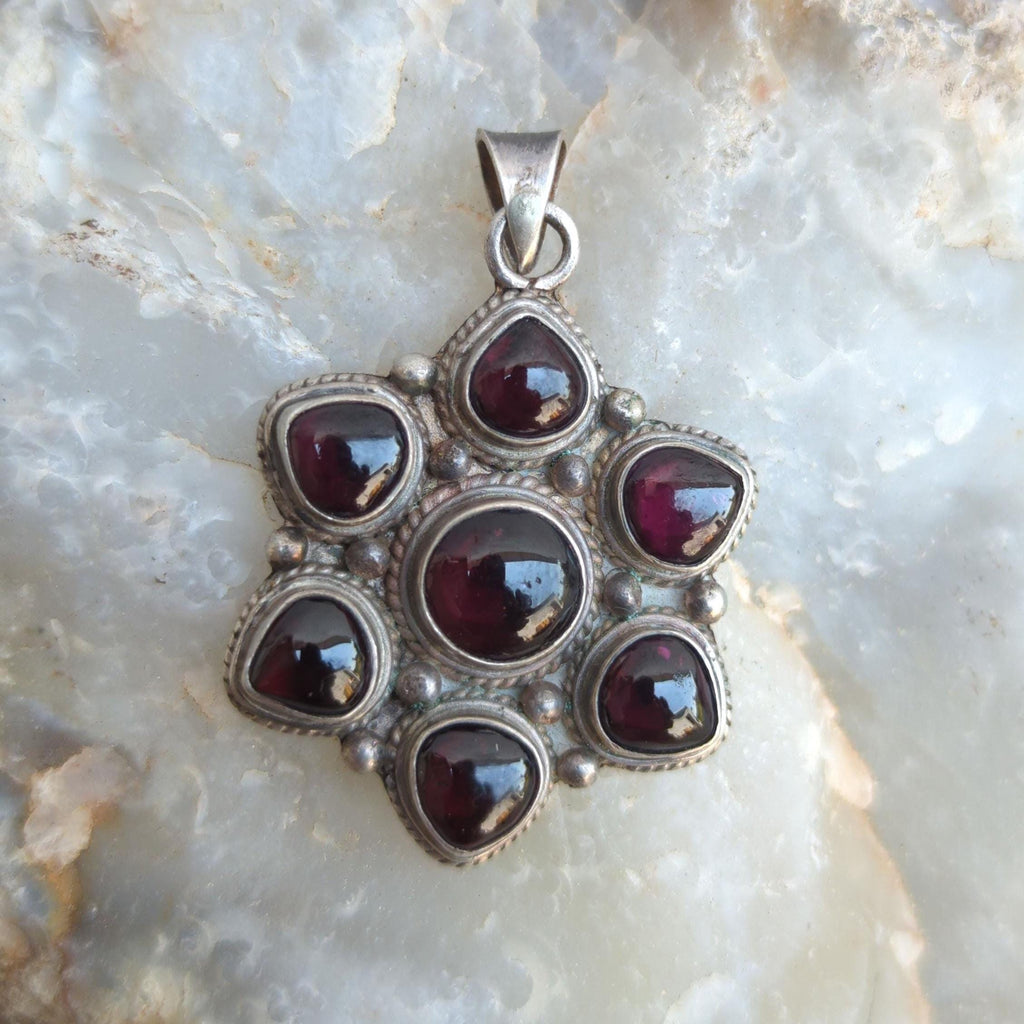 Handmade Garnet Sterling Silver Pendant with Star Charms P-7-040