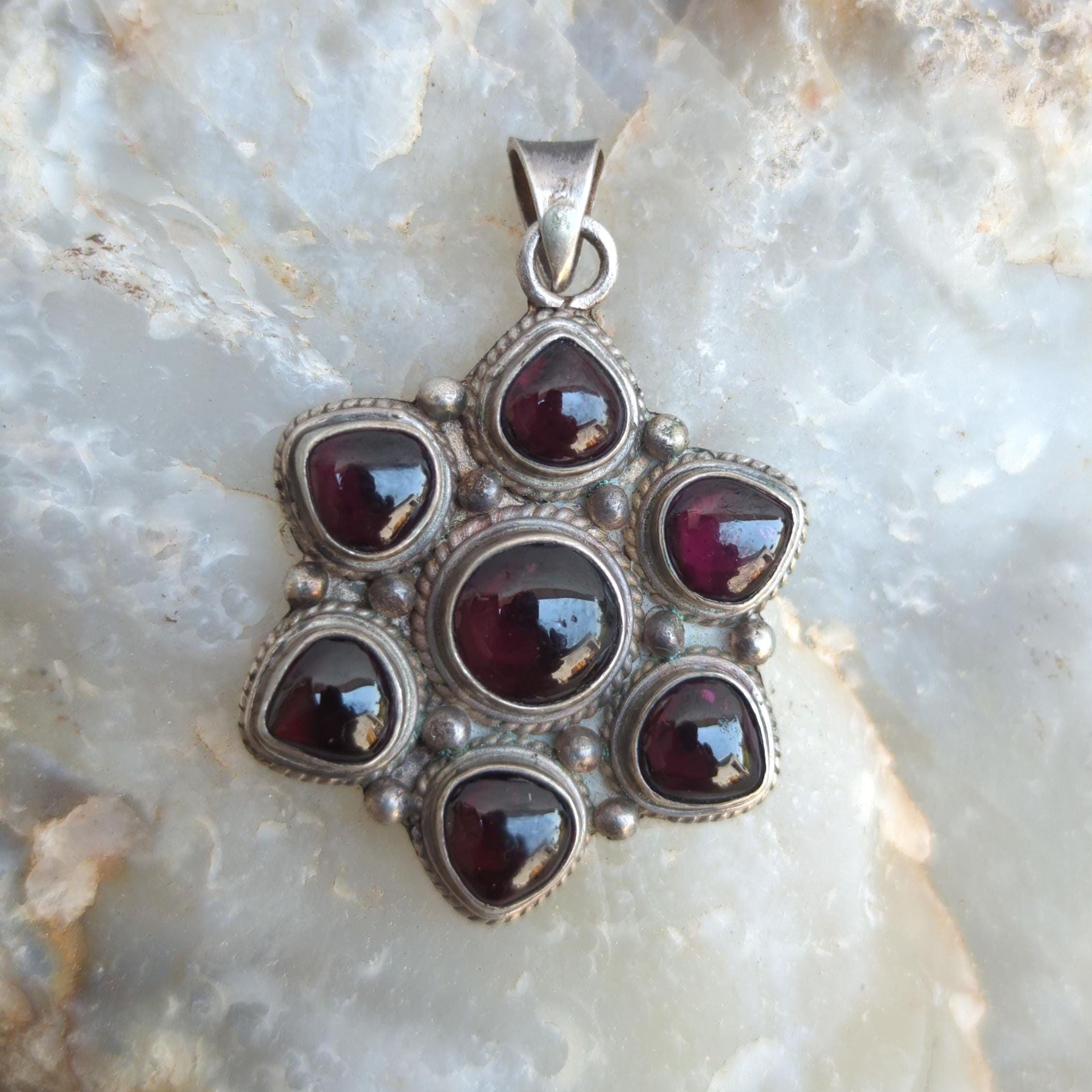 Handmade Garnet Sterling Silver Pendant with Star Charms P-7-040