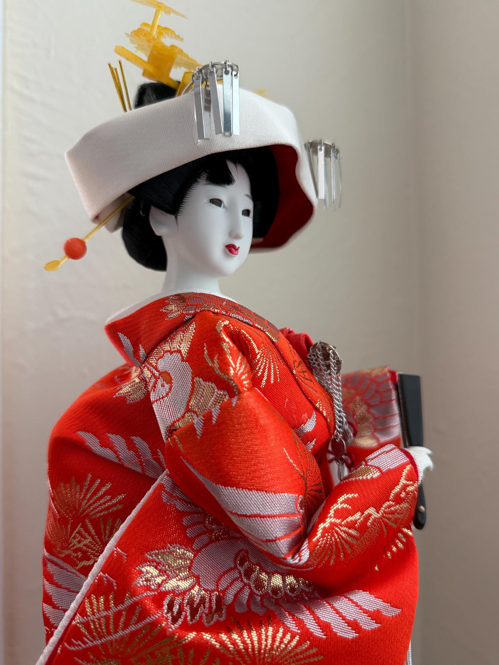 Vintage Geisha Doll: 18" Bride Kimono, Gold Embroidery, 1980s Japanese Art