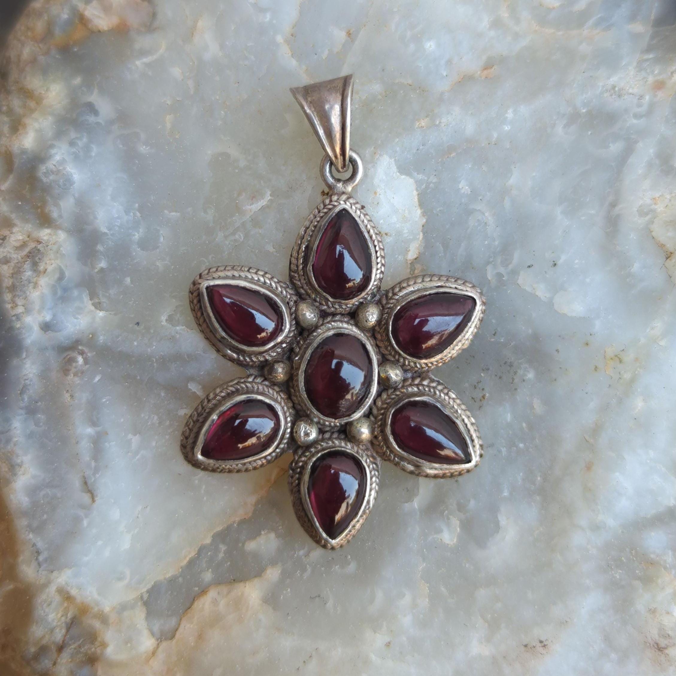 Handmade Garnet Sterling Silver Pendant with Star Charms P-7-040