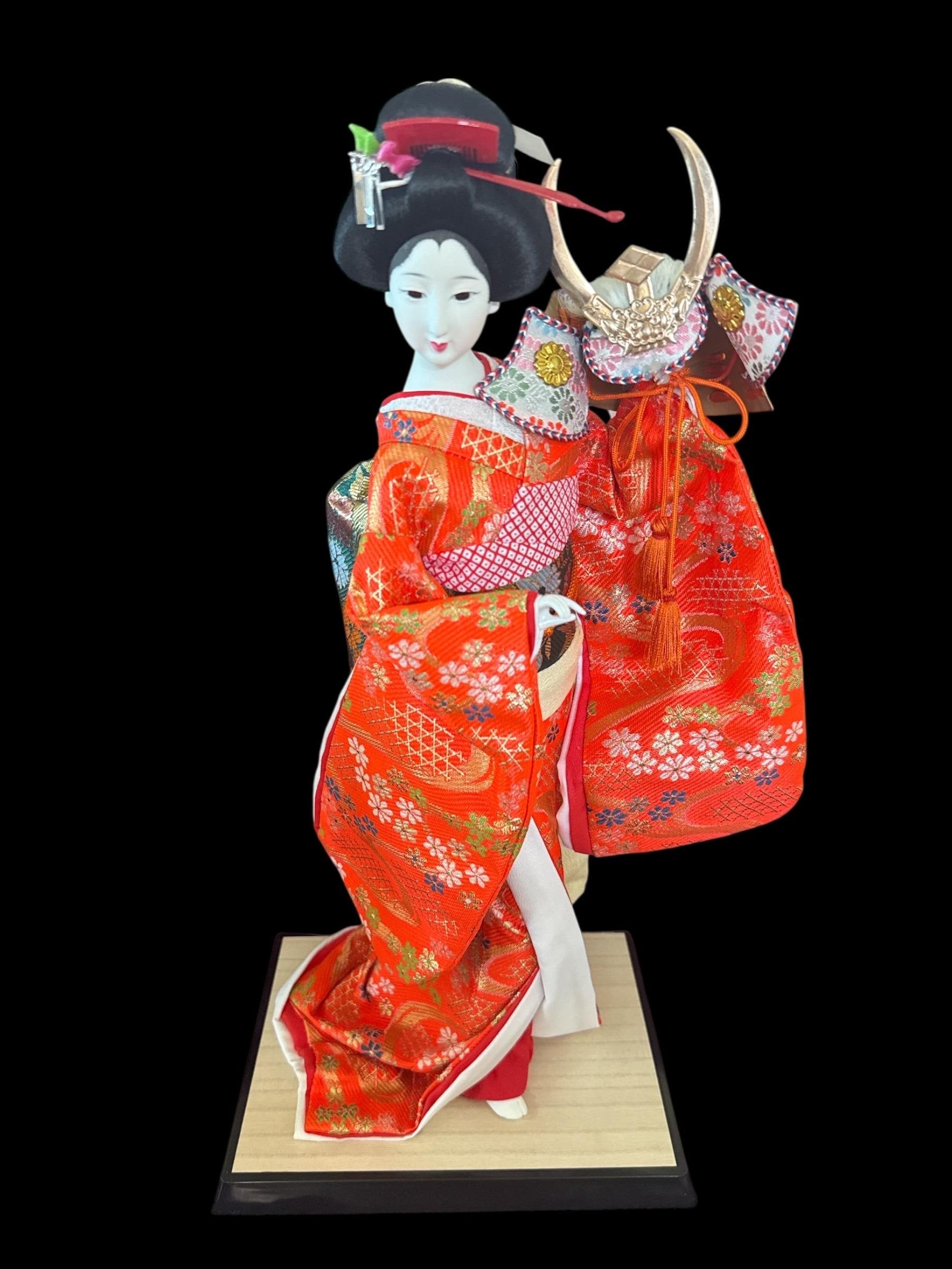 Vintage Geisha Doll in Silk Kimono with Warrior Helmet - 1980s Japanese Art