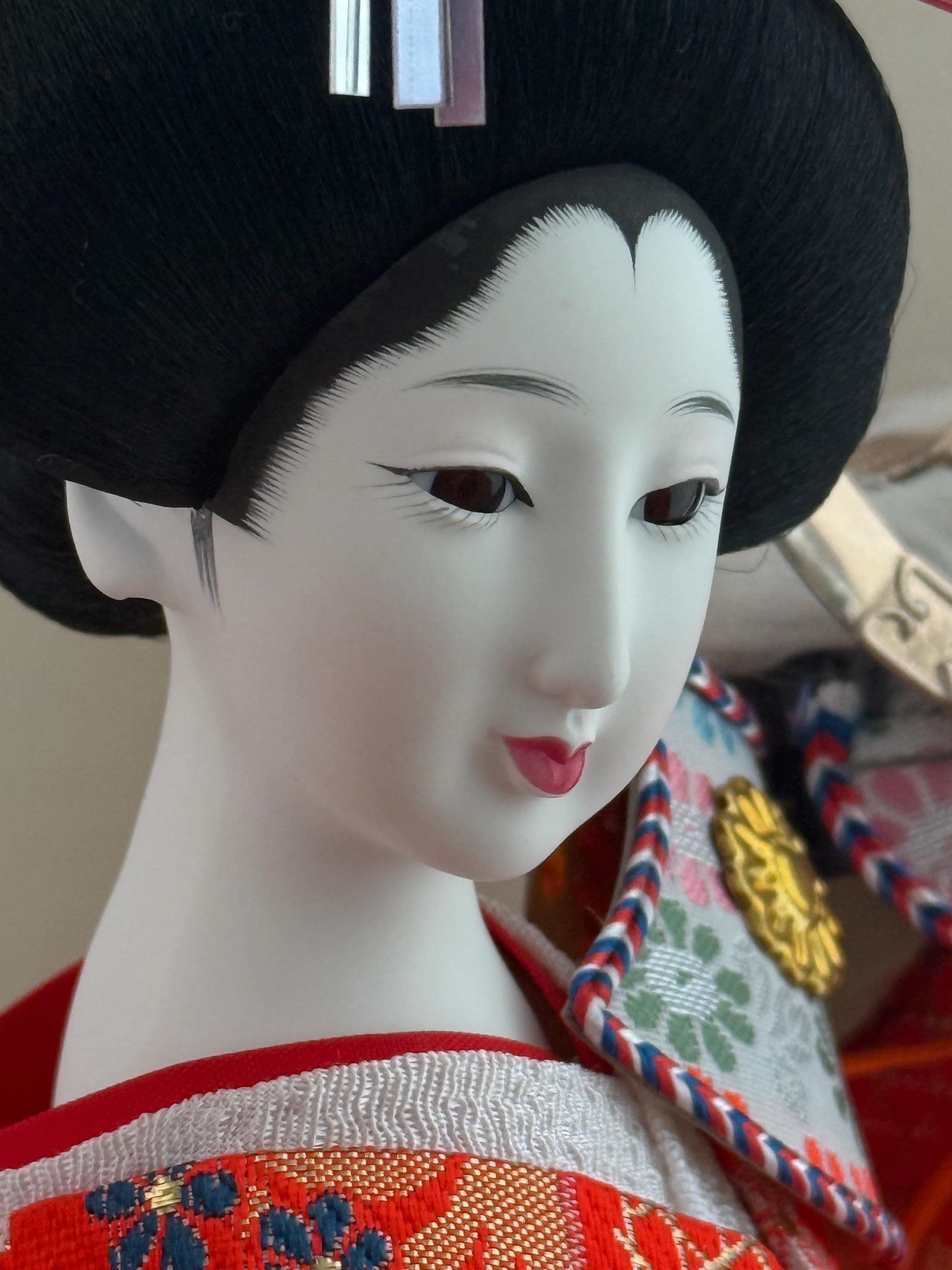 Vintage Geisha Doll in Silk Kimono with Warrior Helmet - 1980s Japanese Art