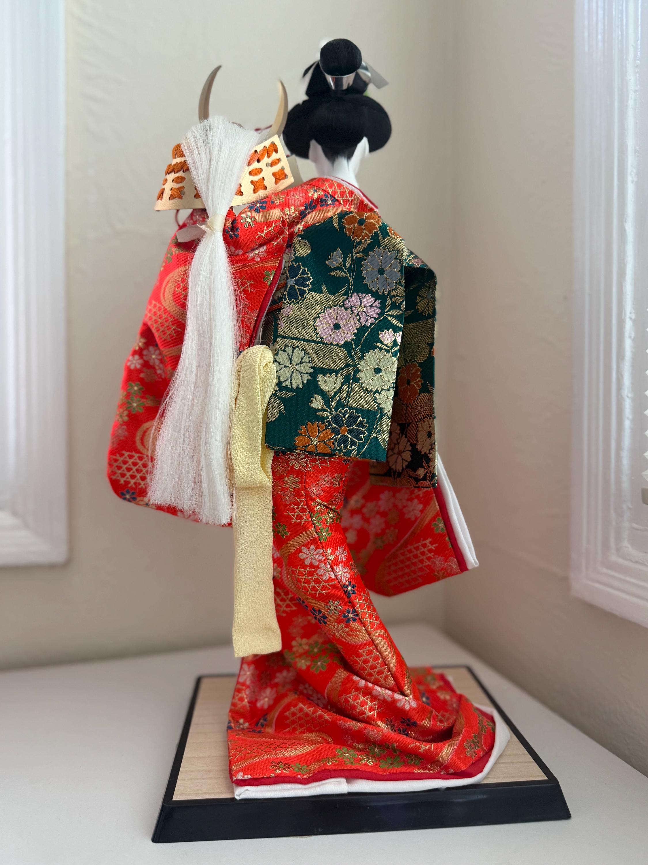 Vintage Geisha Doll in Silk Kimono with Warrior Helmet - 1980s Japanese Art