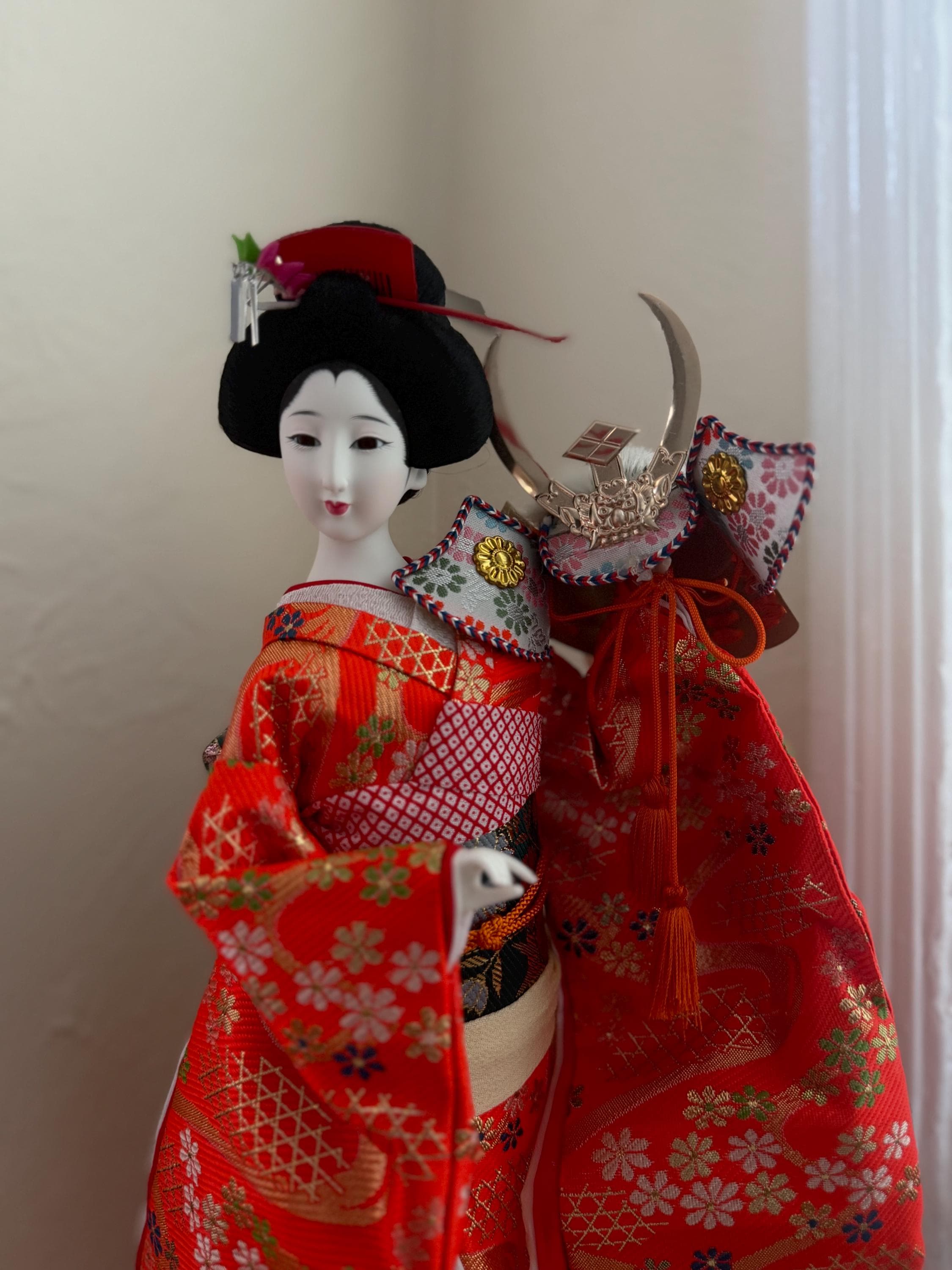 Vintage Geisha Doll in Silk Kimono with Warrior Helmet - 1980s Japanese Art