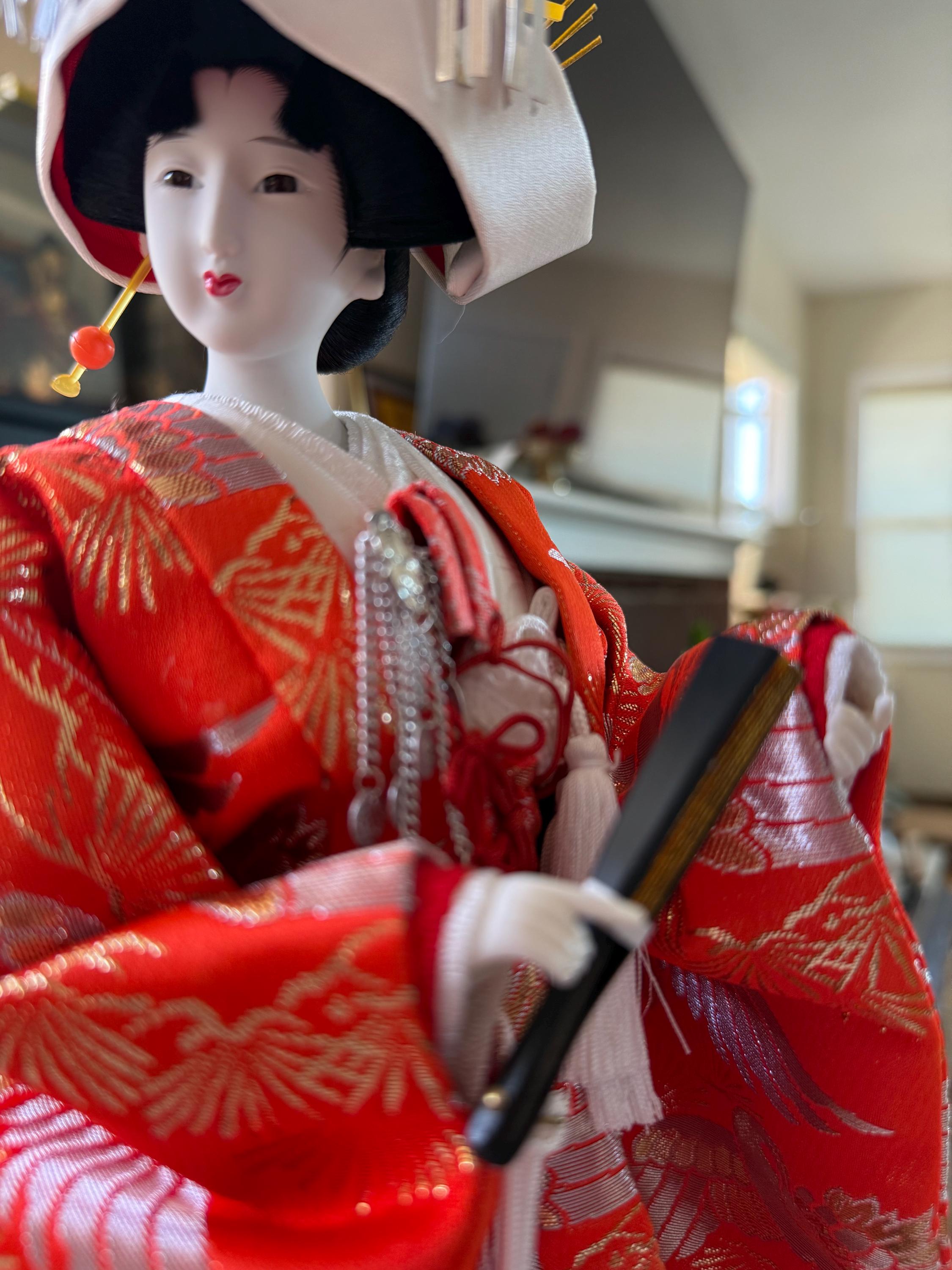 Vintage Geisha Doll: 18" Bride Kimono, Gold Embroidery, 1980s Japanese Art