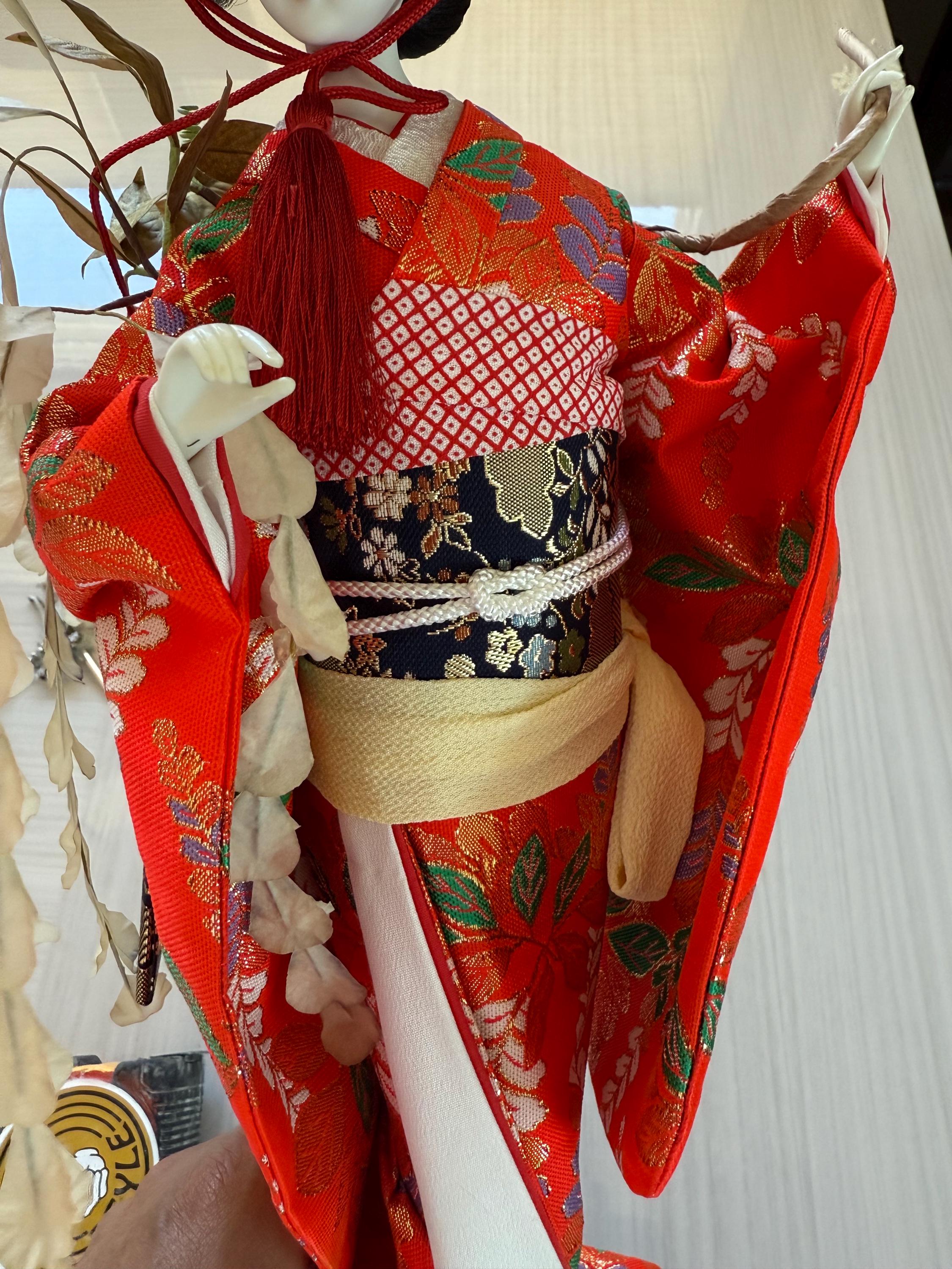 Vintage Maiko Geisha Doll: 18" Silk Kimono, Gold Embroidery
