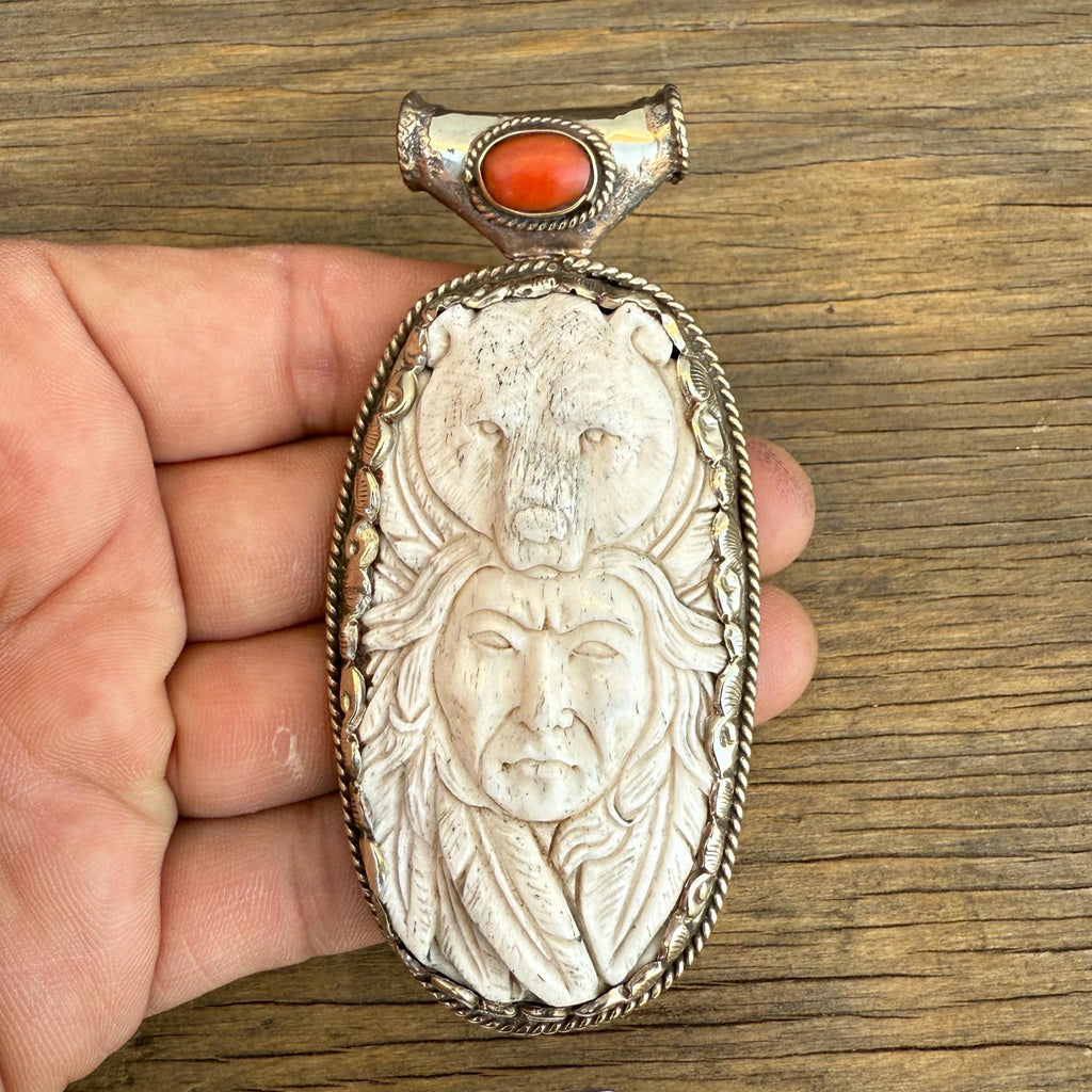 Carved Buffalo Bone Indian Chief Pendant: Tibetan Silver Boho Necklace PE 106