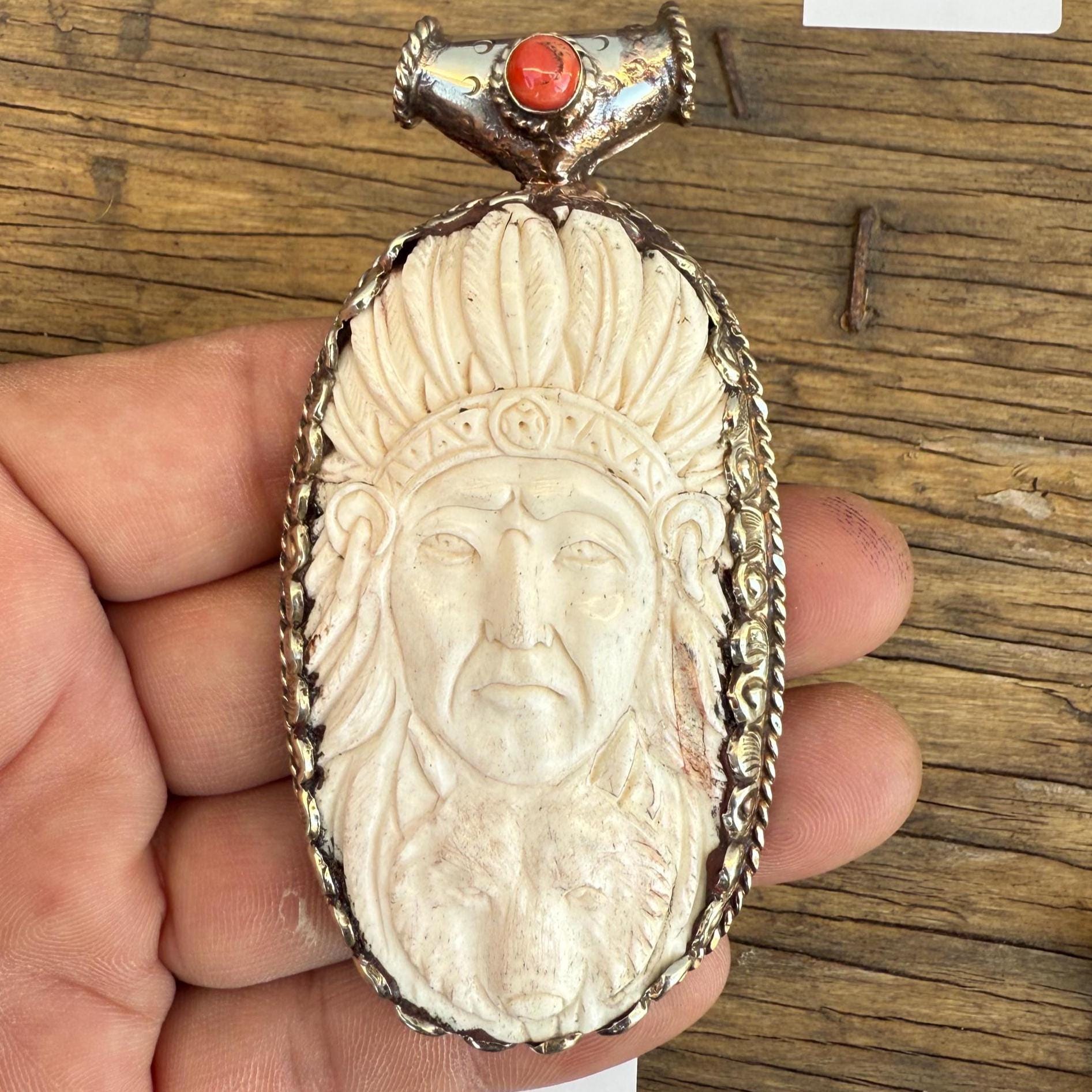 Carved Buffalo Bone Indian Chief Pendant: Tibetan Silver Boho Necklace PE 106