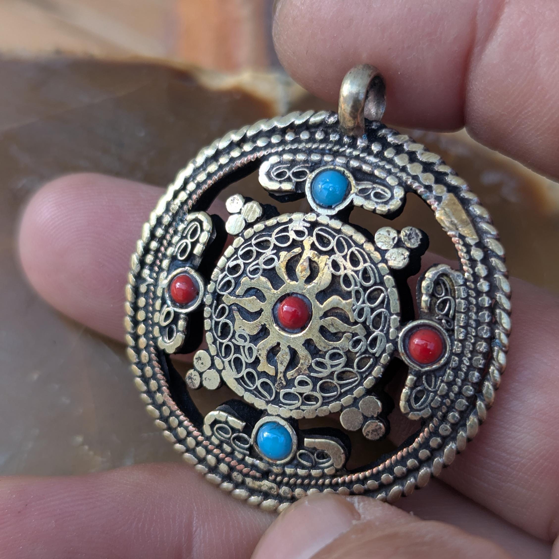 Vintage Tibetan Om Ethnic pendant with Turquoise and Coral inlay (p6-013)