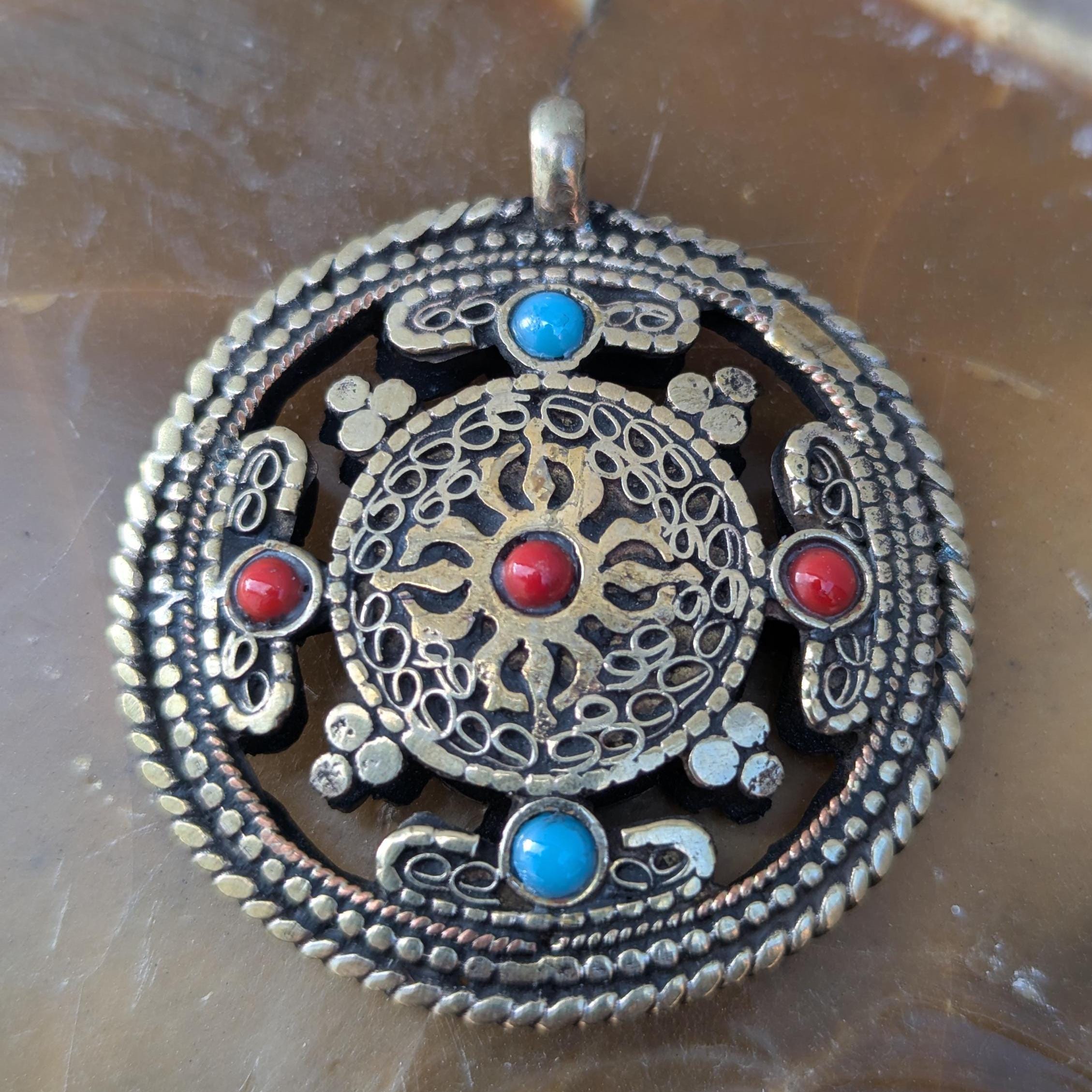 Vintage Tibetan Om Ethnic pendant with Turquoise and Coral inlay (p6-013)