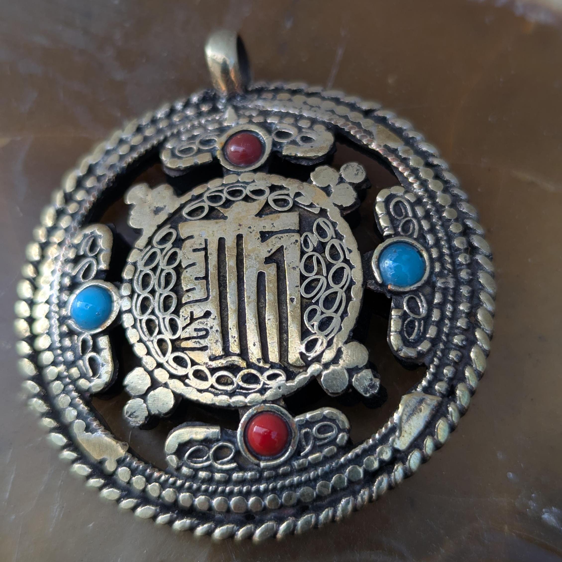Vintage Tibetan Om Ethnic pendant with Turquoise and Coral inlay (p6-013)