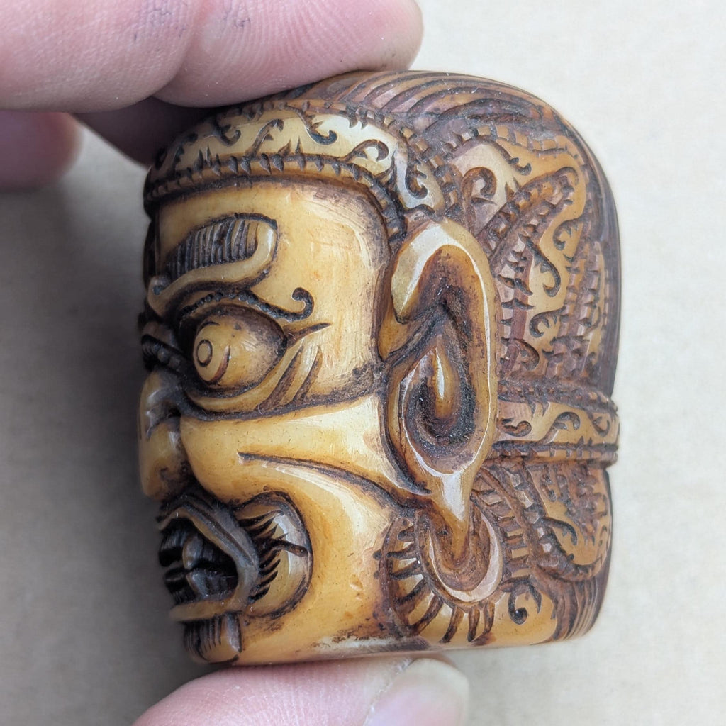 Antique Yak Bone Skull Bead: Hand-Carved Mahakala Protector Deity Pendant