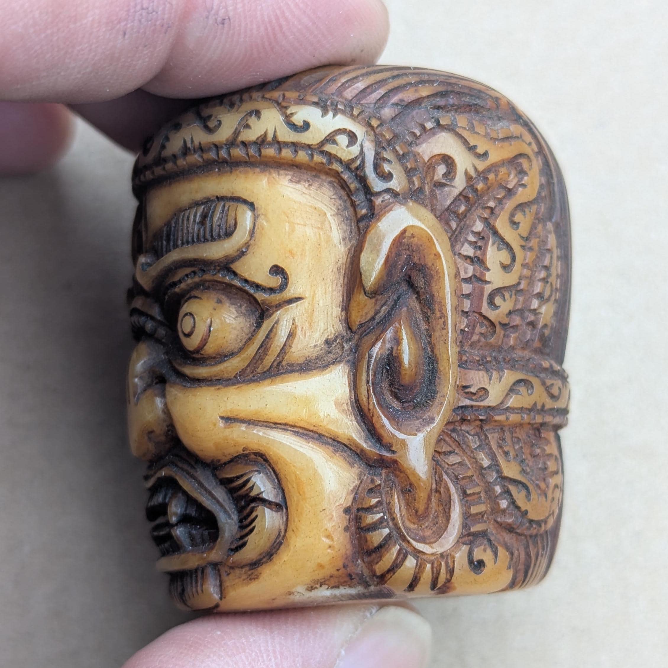 Antique Yak Bone Skull Bead: Hand-Carved Mahakala Protector Deity Pendant