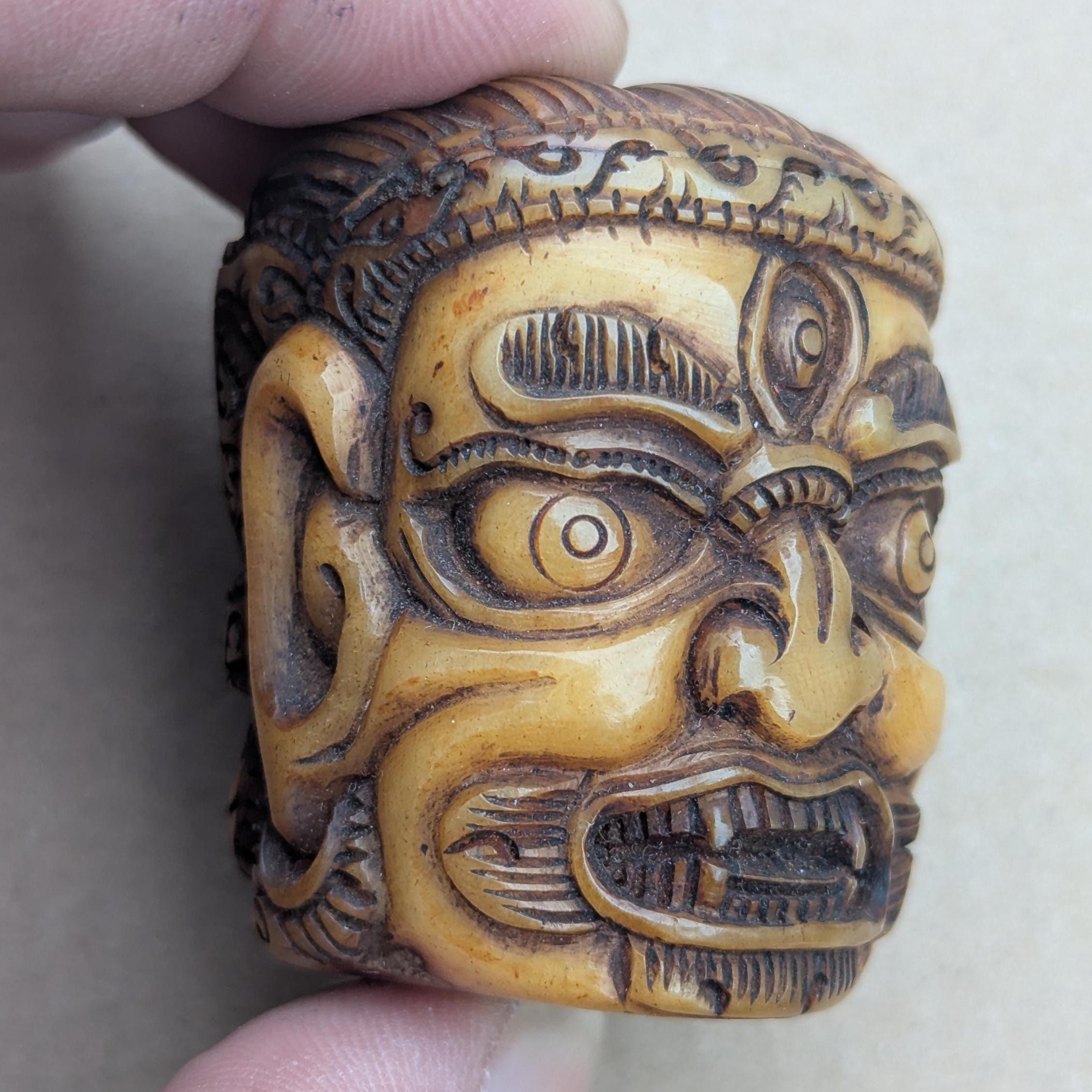 Antique Yak Bone Skull Bead: Hand-Carved Mahakala Protector Deity Pendant