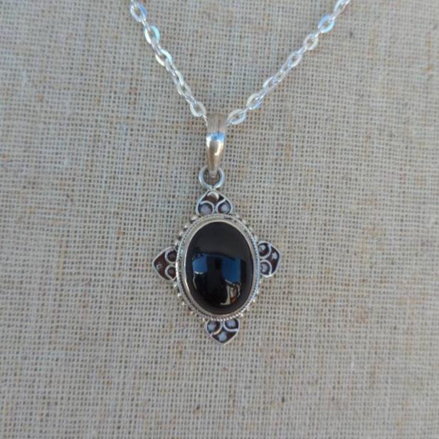 Sterling Silver Oval Onyx Pendant, Anniversary Gift