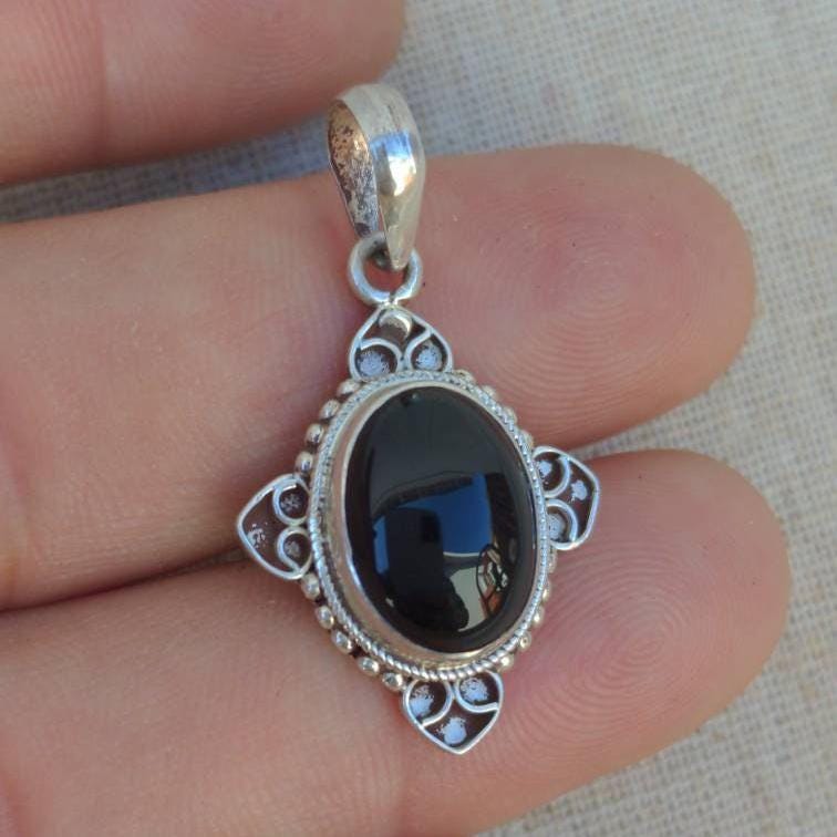 Sterling Silver Oval Onyx Pendant, Anniversary Gift