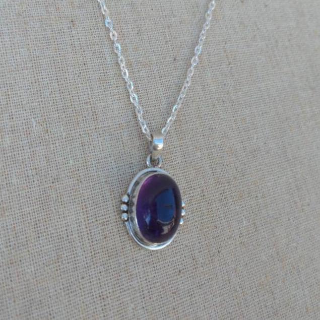 Oval Amethyst 925 Sterling Silver Pendant - Tibetan Design