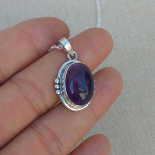 Oval Amethyst 925 Sterling Silver Pendant - Tibetan Design
