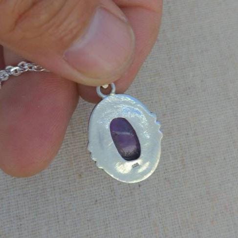 Oval Amethyst 925 Sterling Silver Pendant - Tibetan Design