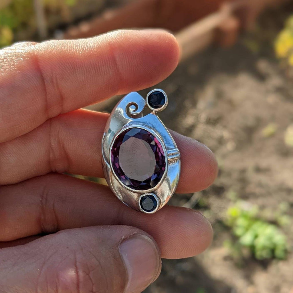 Oval Amethyst 925 Sterling Silver Pendant - Tibetan Style