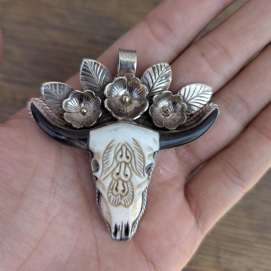 Hand-Carved Buffalo Bone Skull Pendant: Tibetan Silver Floral Bull Head FA03