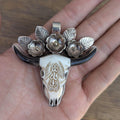 Hand-Carved Buffalo Bone Skull Pendant: Tibetan Silver Floral Bull Head FA03