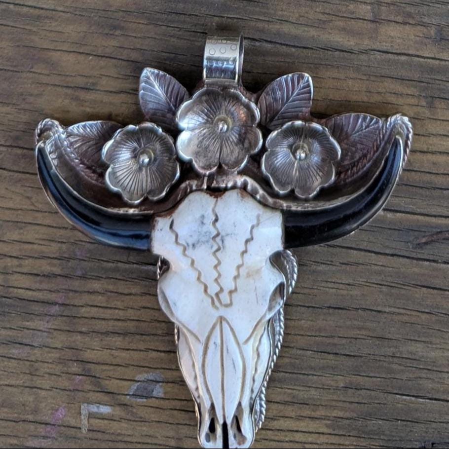 Hand-Carved Buffalo Bone Skull Pendant: Tibetan Silver Floral Bull Head FA03