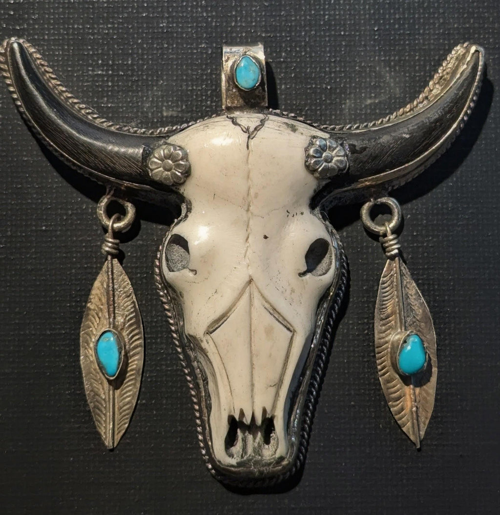 Hand-Carved Buffalo Bone Skull Pendant: Tibetan Silver Floral Bull Head (CB-108)