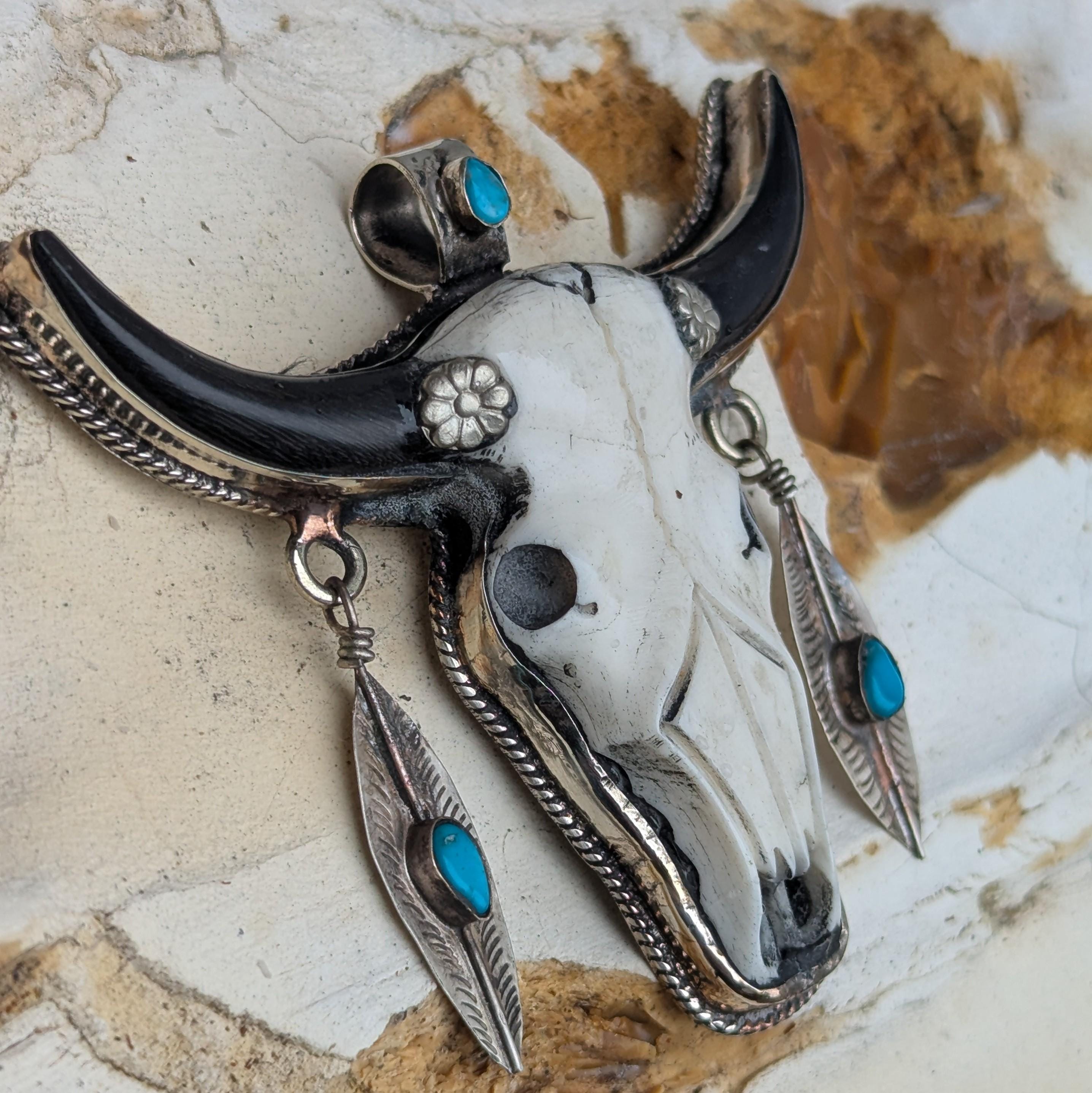 Hand-Carved Buffalo Bone Skull Pendant: Tibetan Silver Floral Bull Head (CB-108)