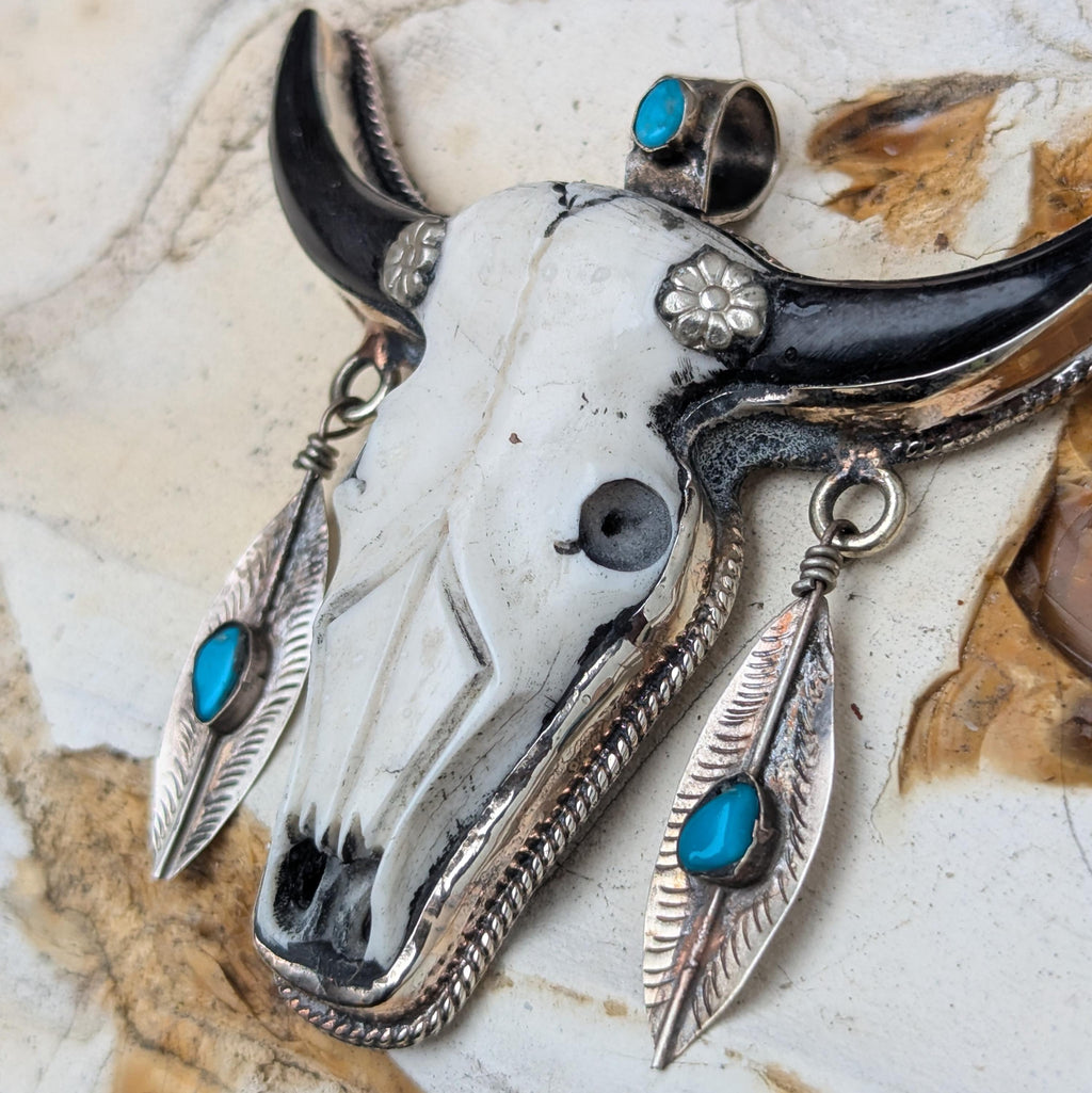 Hand-Carved Buffalo Bone Skull Pendant: Tibetan Silver Floral Bull Head (CB-108)