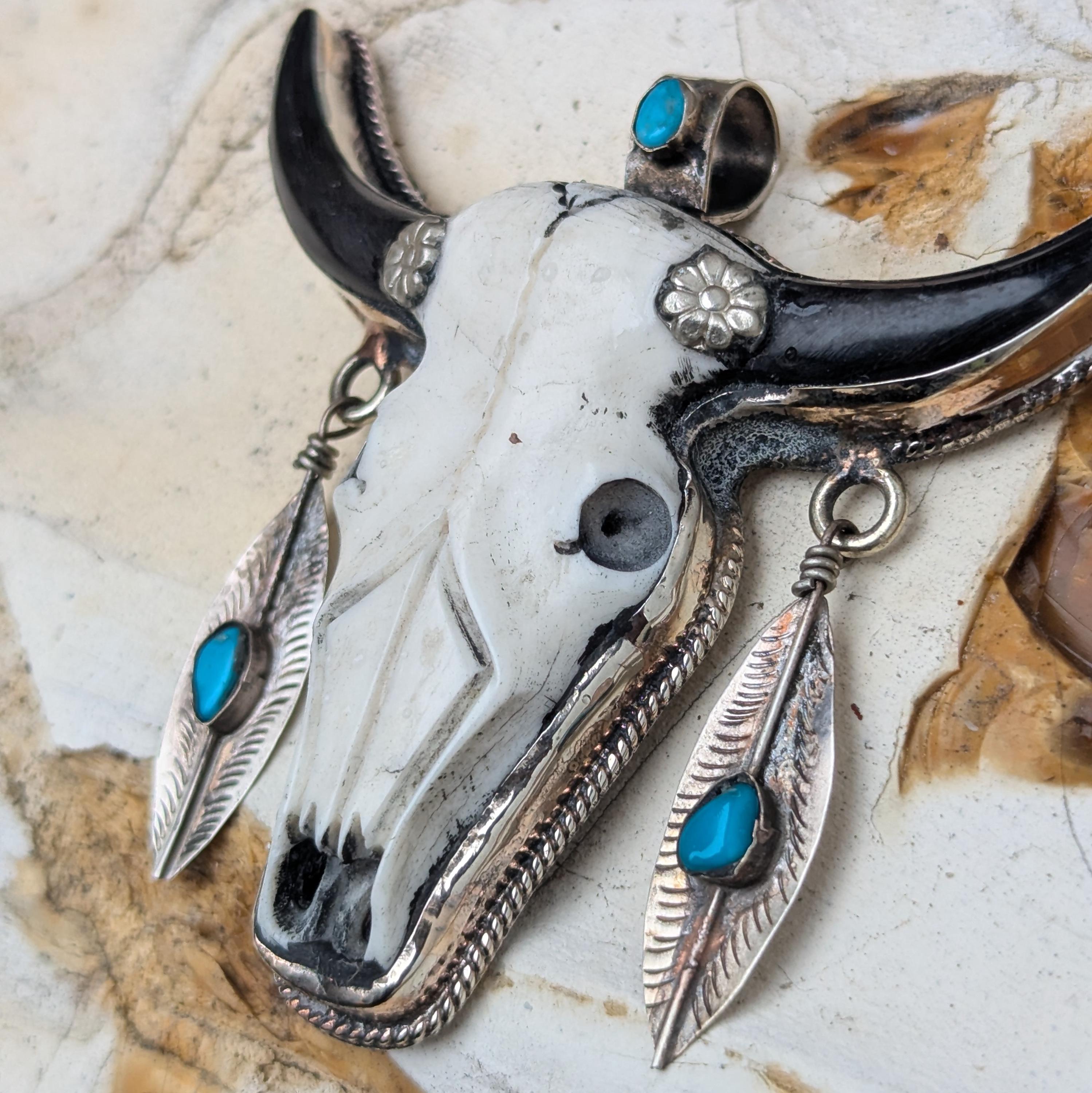 Hand-Carved Buffalo Bone Skull Pendant: Tibetan Silver Floral Bull Head (CB-108)