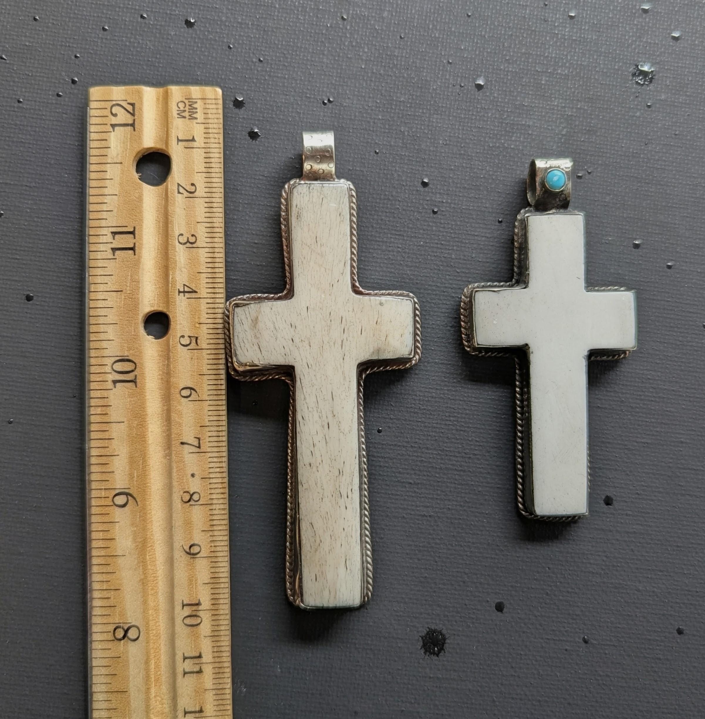 Handmade White Bone Cross Pendant, Tibetan-Inspired Necklace, Detailed Back Carving, Spiritual Jewelry PE102-B