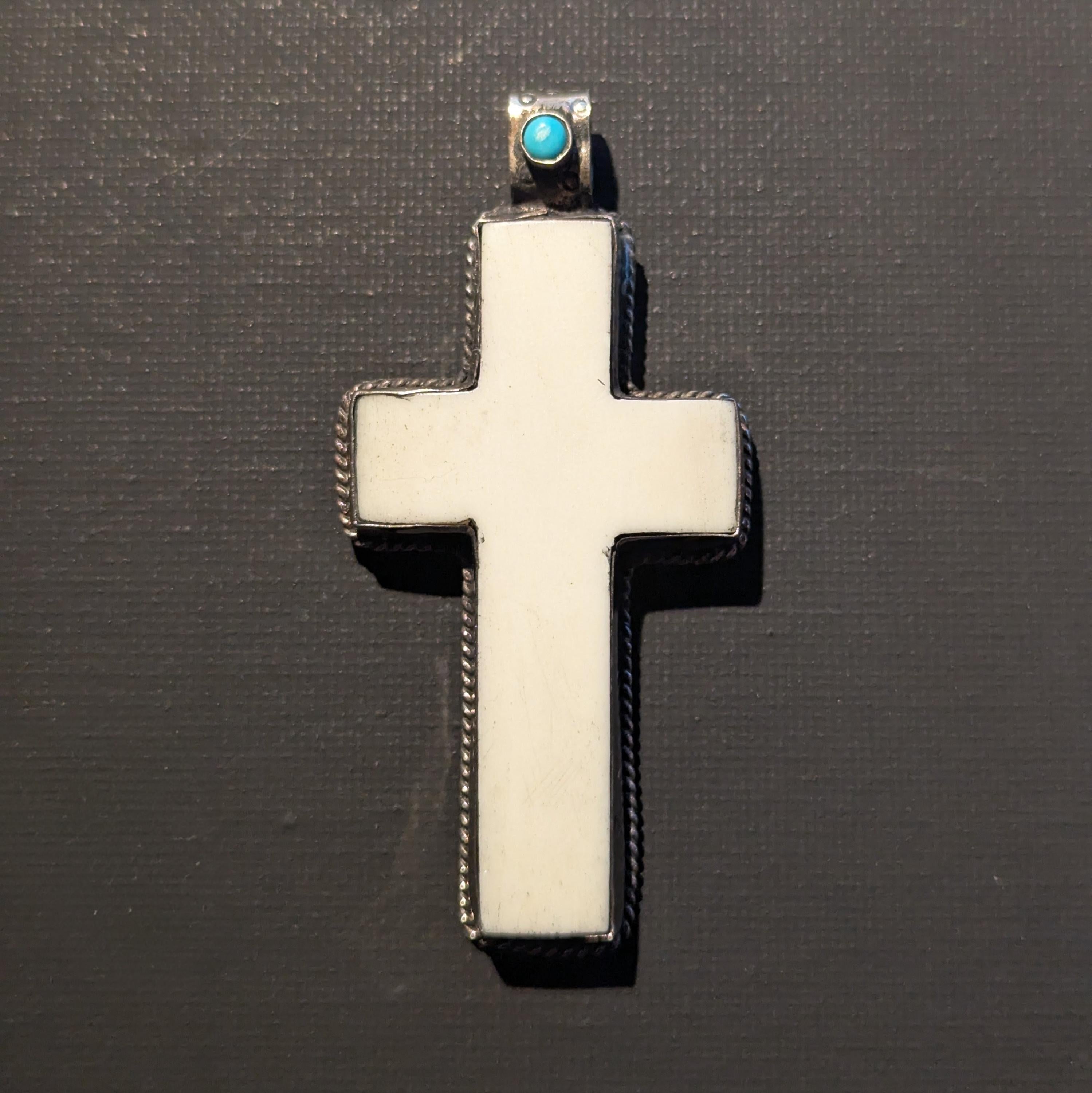 Handmade White Bone Cross Pendant, Tibetan-Inspired Necklace, Detailed Back Carving, Spiritual Jewelry PE102-B