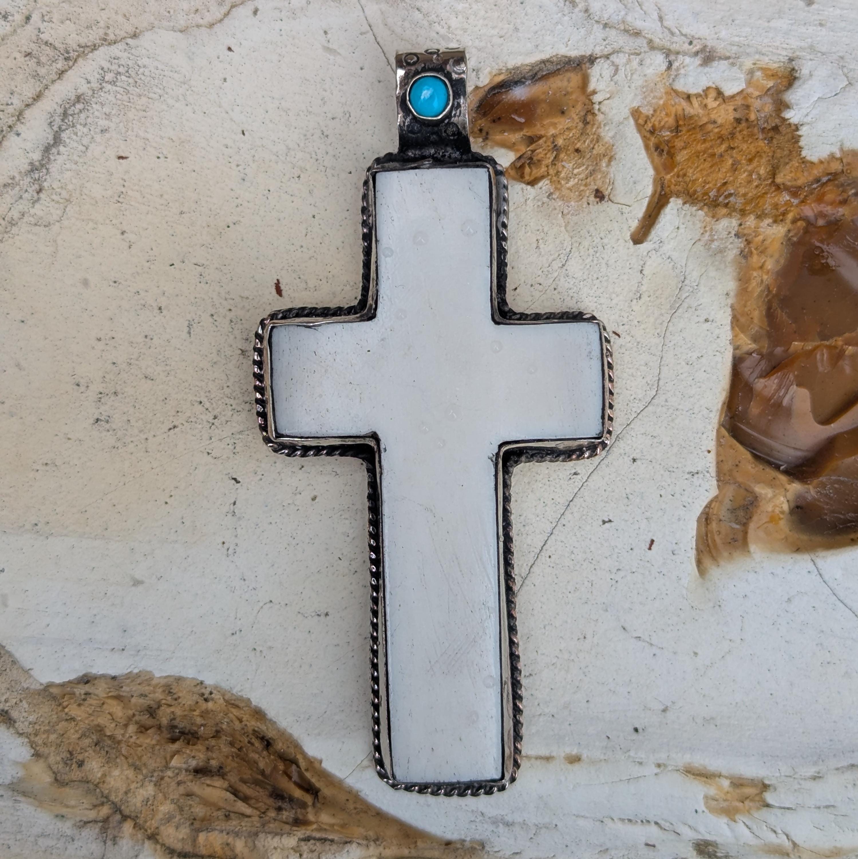 Handmade White Bone Cross Pendant, Tibetan-Inspired Necklace, Detailed Back Carving, Spiritual Jewelry PE102-B