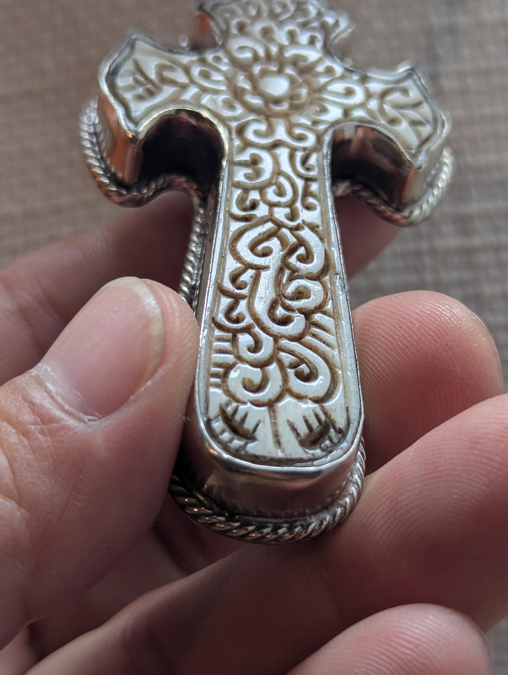 Hand Carved Bone Cross Pendant, Tibetan Inspired Spiritual Necklace