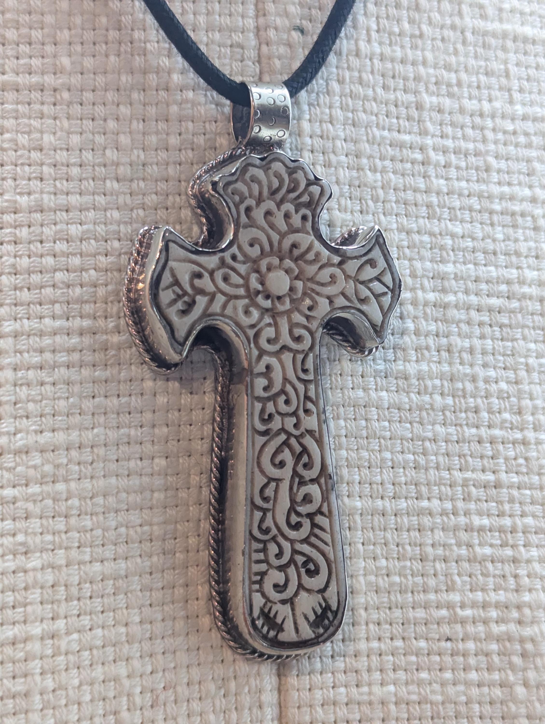 Hand Carved Bone Cross Pendant, Tibetan Inspired Spiritual Necklace