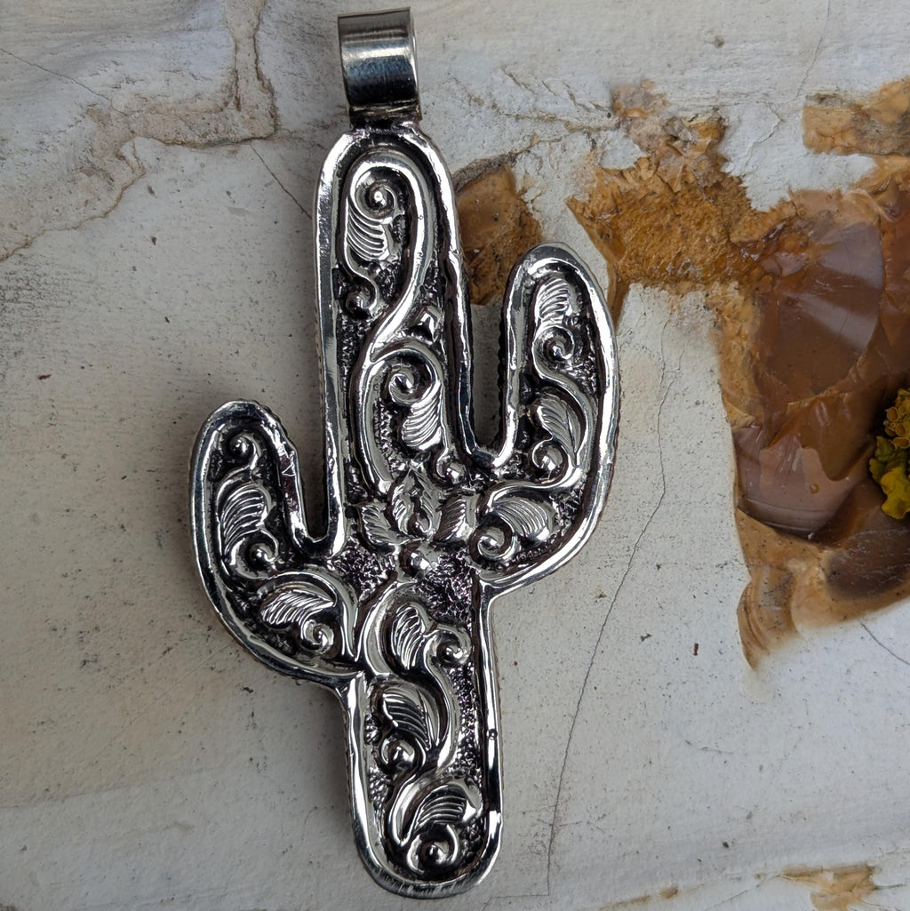 Hand-carved bone Southwest cactus Pendant, Tibetan-inspired spiritual necklace CB-127-B