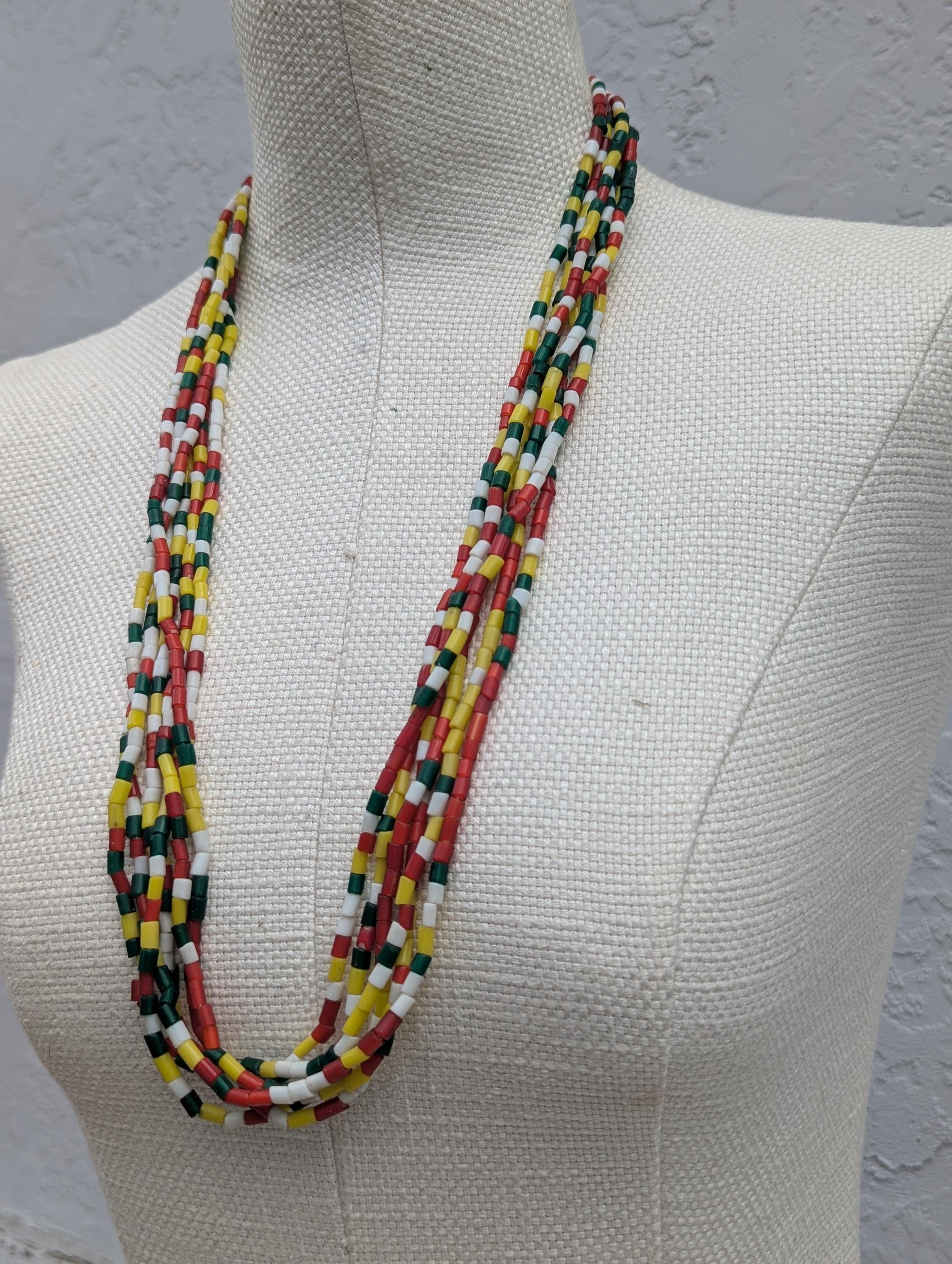Handmade Layered Loop Necklace, Tiny Multicolored Cylinder Beads (BBR2)