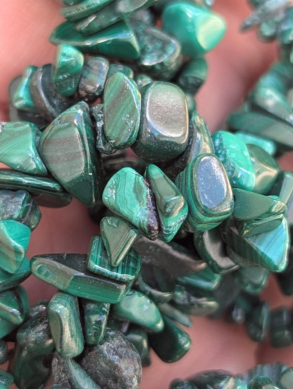 Original Malachite Bead Chip Strands Necklace, Artisan-Crafted Statement Jewelry, 16-Inch Length (BBR2)
