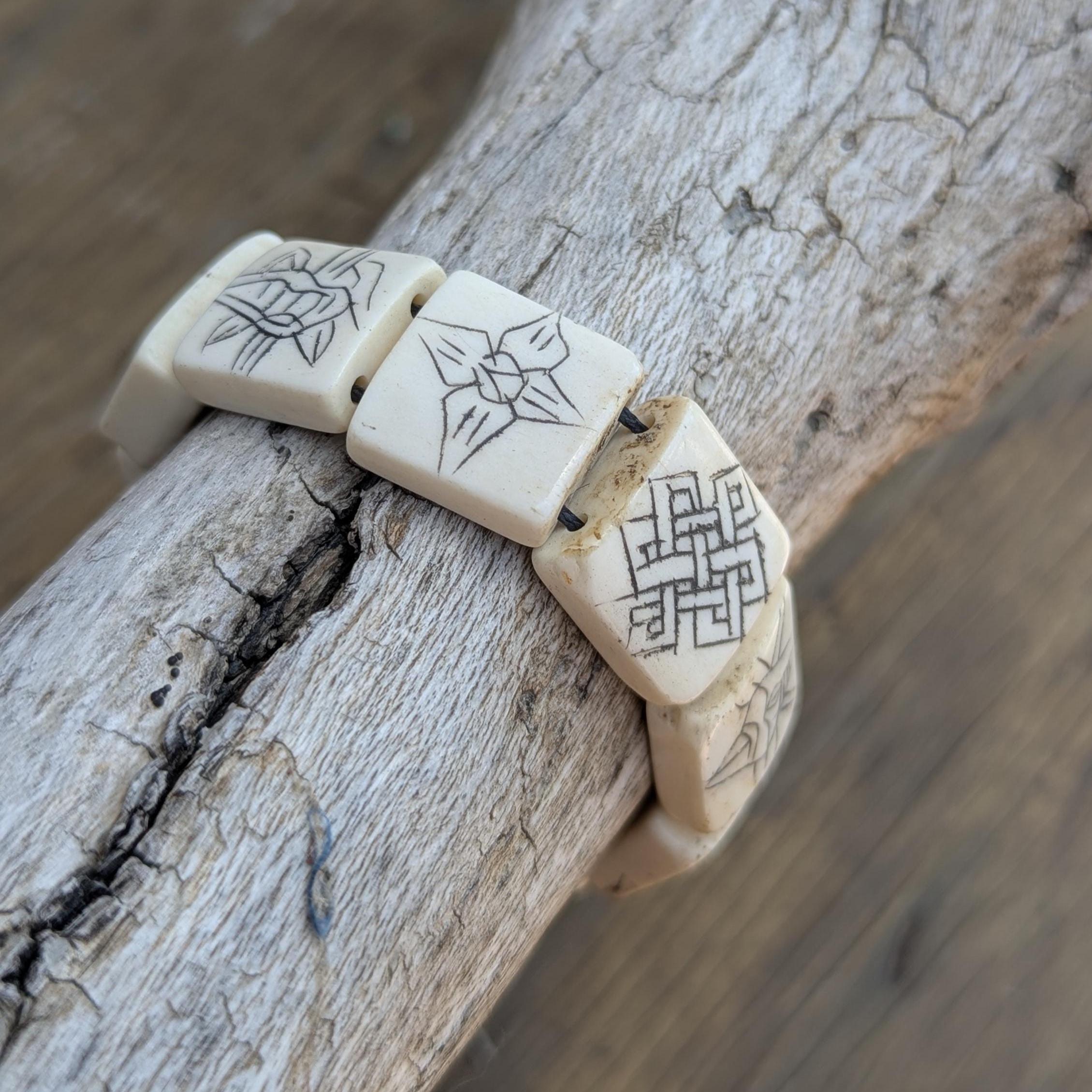Hand-Carved Yak Bone Bracelet, Tibetan Om Symbol, Adjustable Spirit Jewelry (BBR1B)