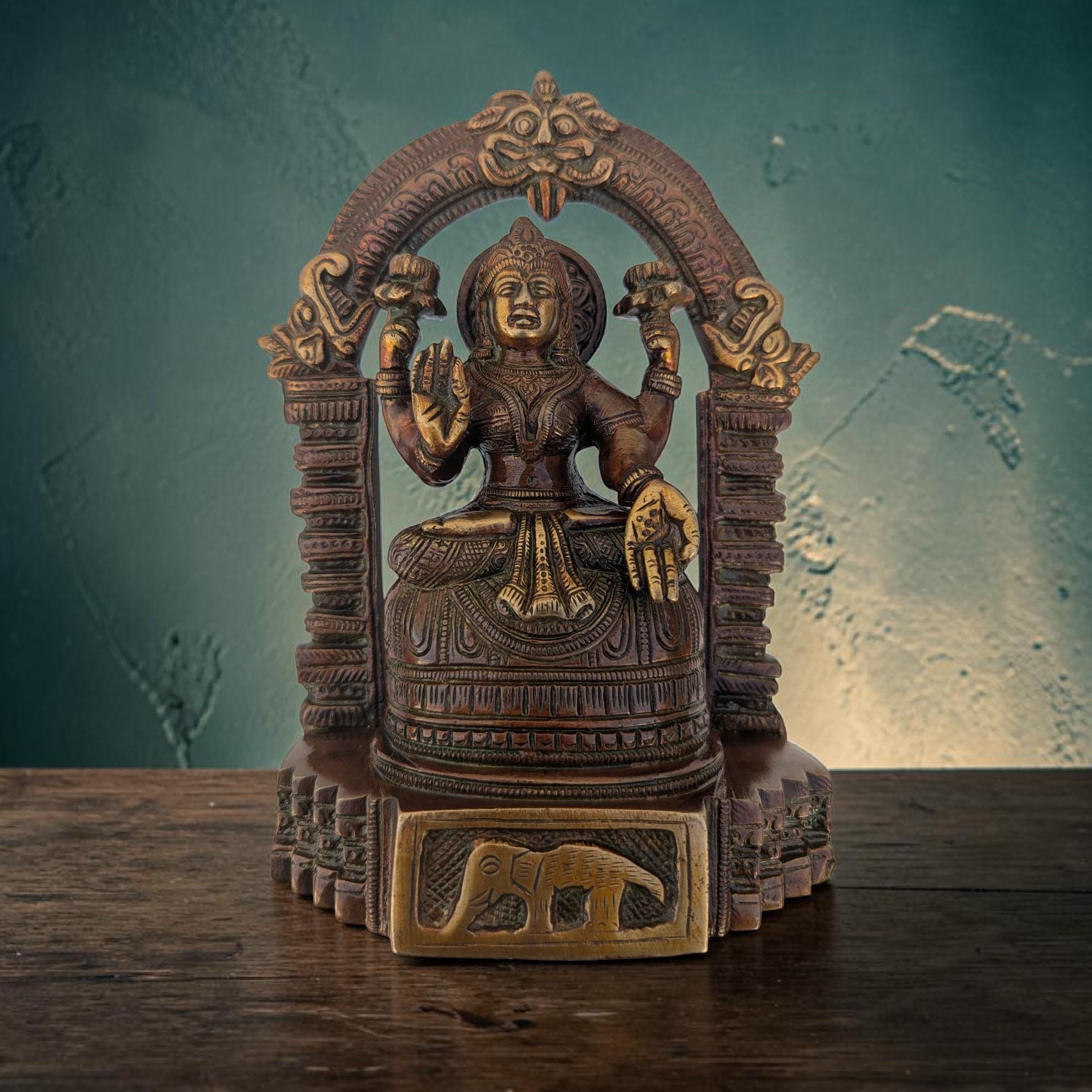 Brass Lakshmi Deity Statue, Hindu Goddess of Abundance, Vintage Arch Design