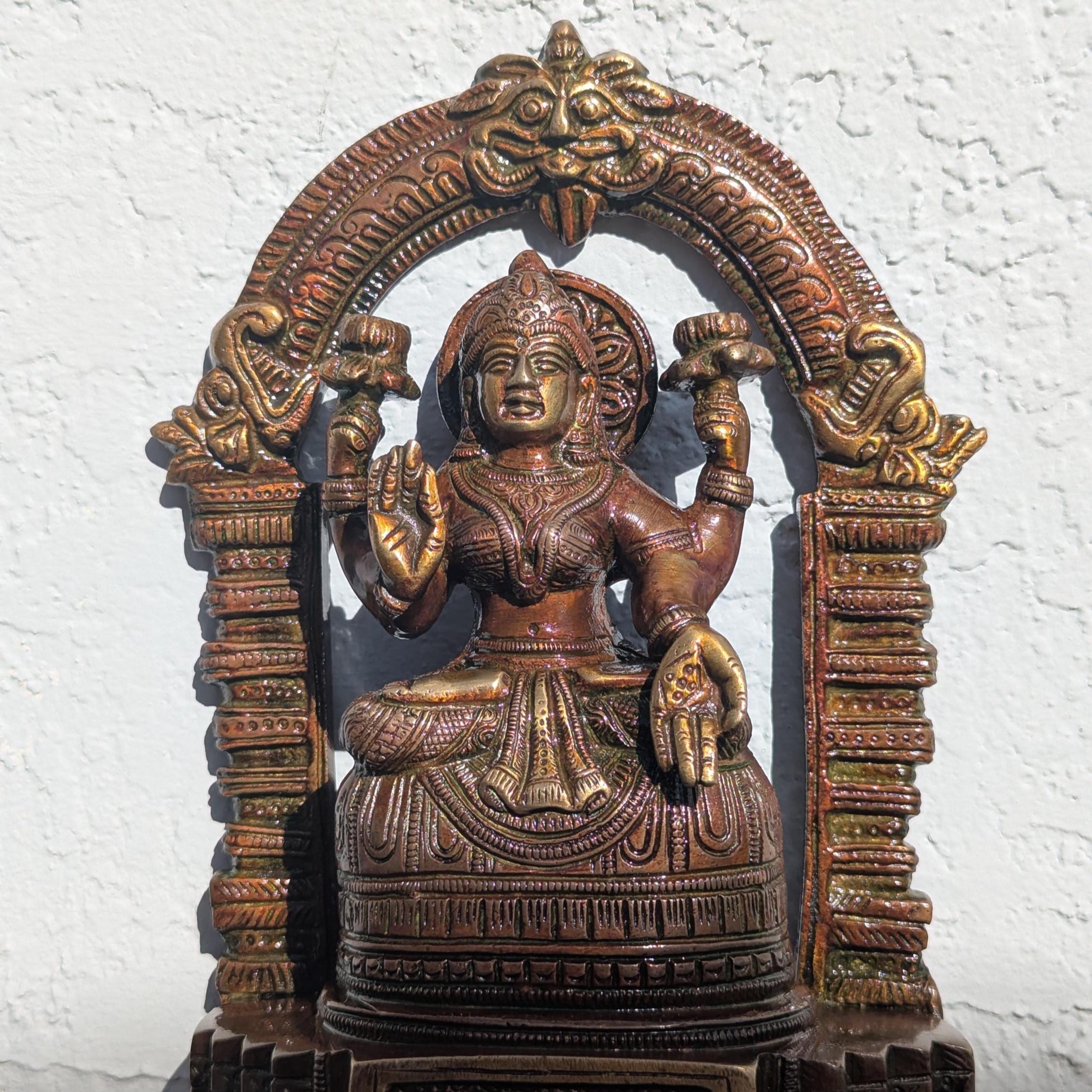 Brass Lakshmi Deity Statue, Hindu Goddess of Abundance, Vintage Arch Design