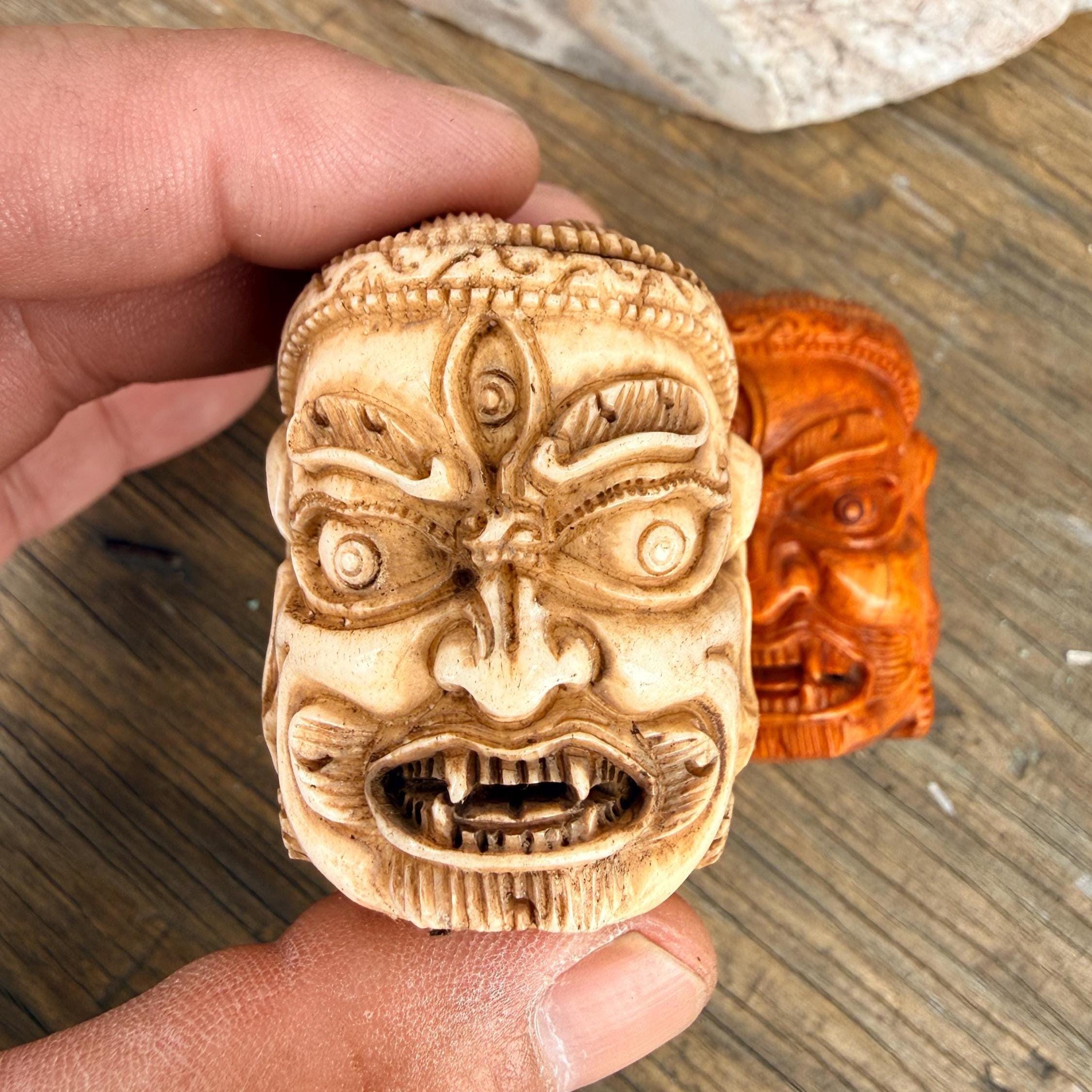 MaHakala deity Vintage Hand-Carved Yak Bone Skull Bead: Tibetan wrathful protector deity All handmade