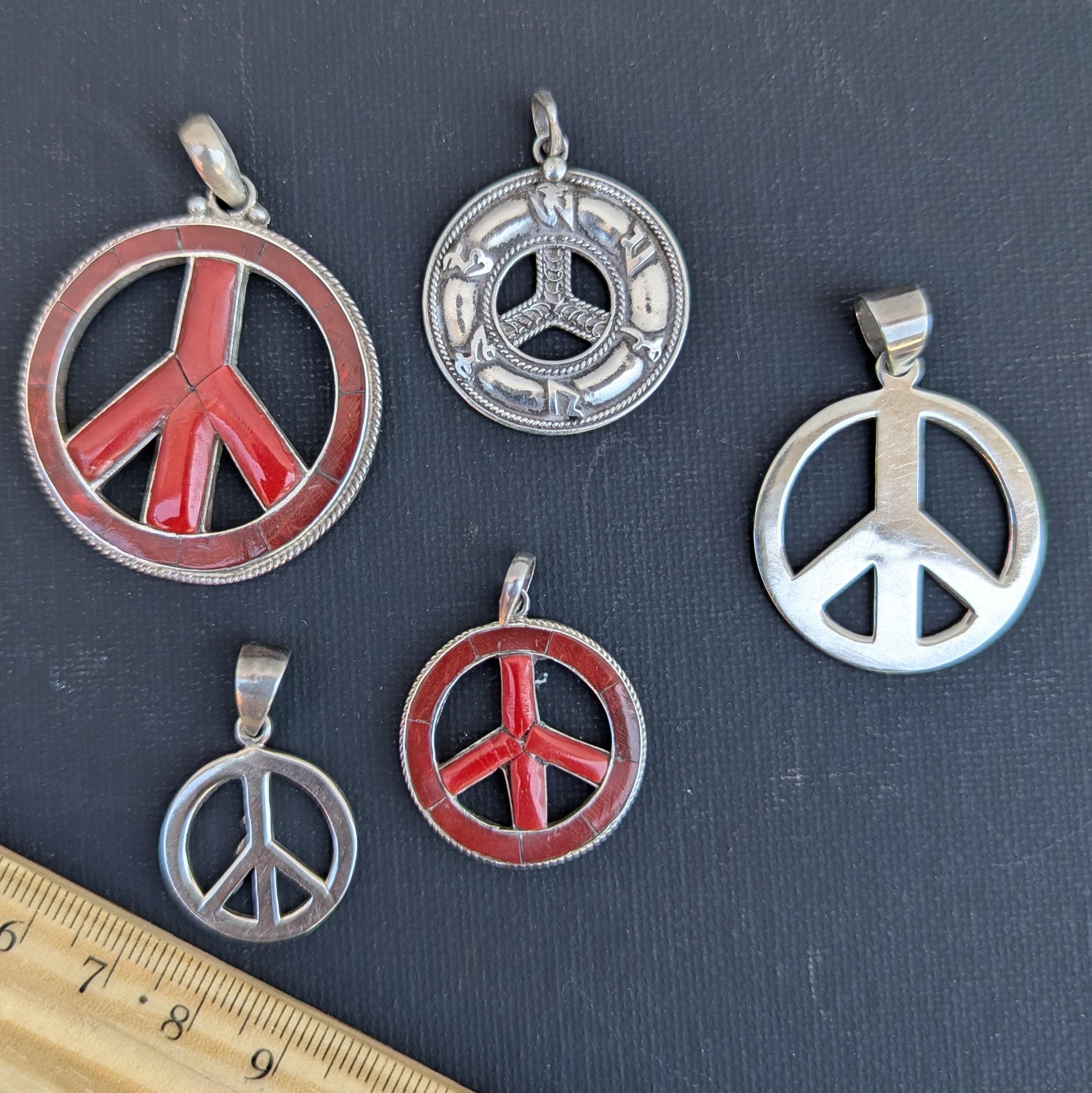 Silver Peace Pendant with Coral Inlay, Handmade Nepal Mandala Symbol