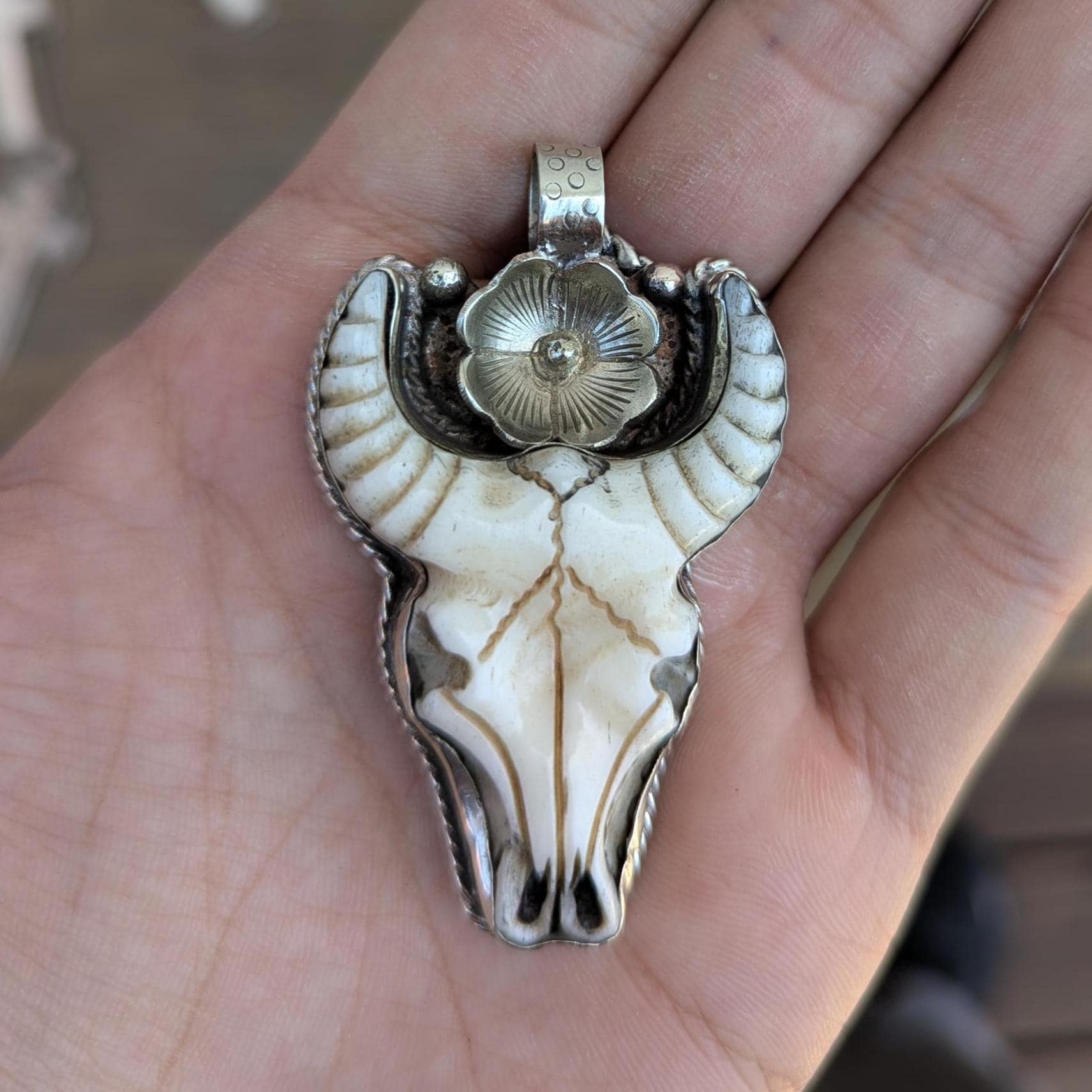 Hand-Carved Buffalo Bone Skull Pendant: Tibetan Silver Floral Bull Head FA03