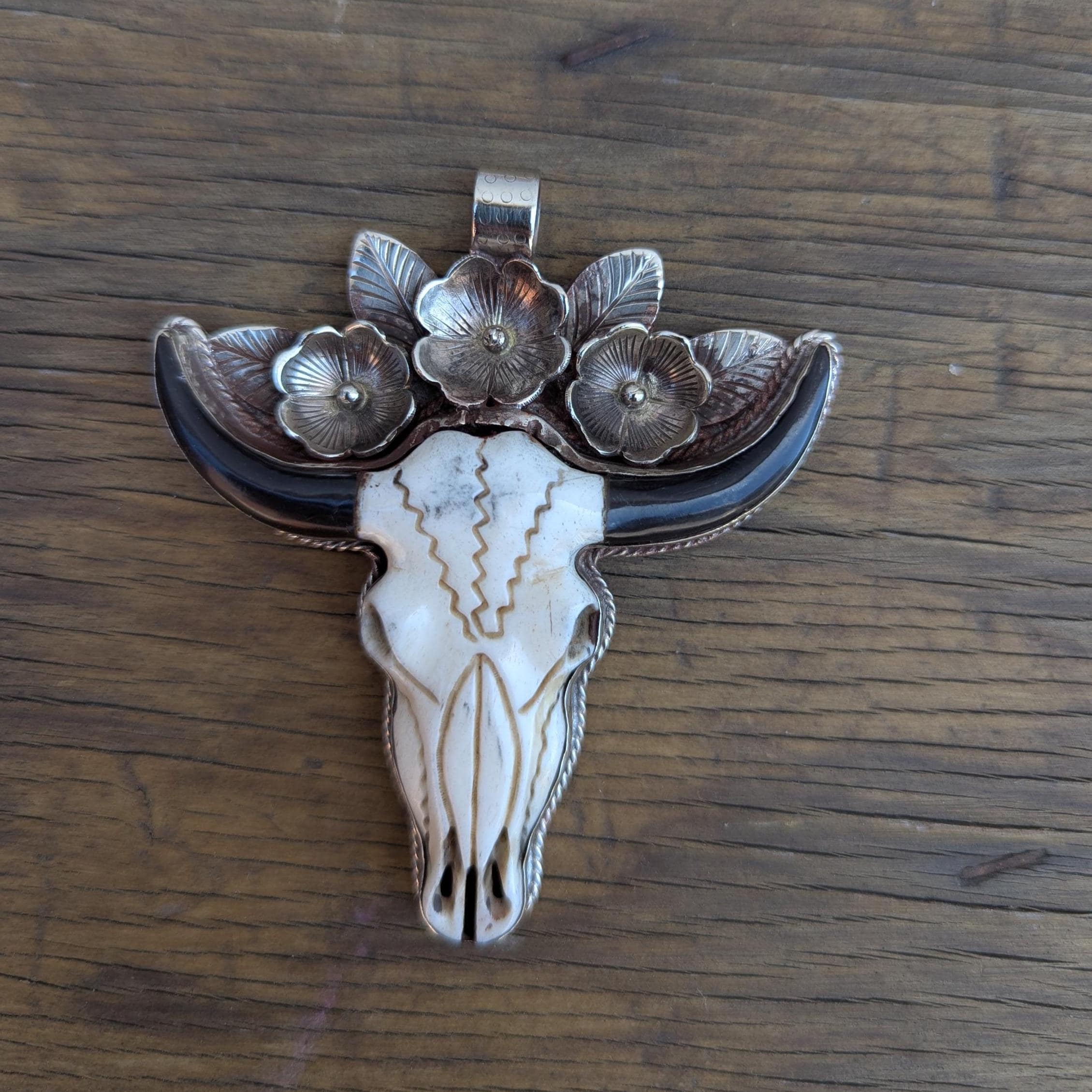 Hand-Carved Buffalo Bone Skull Pendant: Tibetan Silver Floral Bull Head FA03